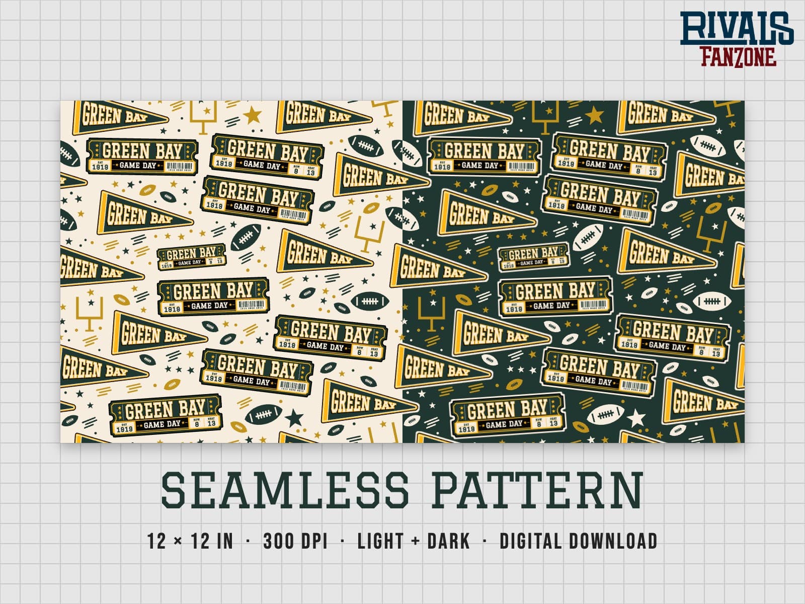 Green Bay Football Seamless Pattern – 12x12 Digital Paper, Light & Dark — preview 1