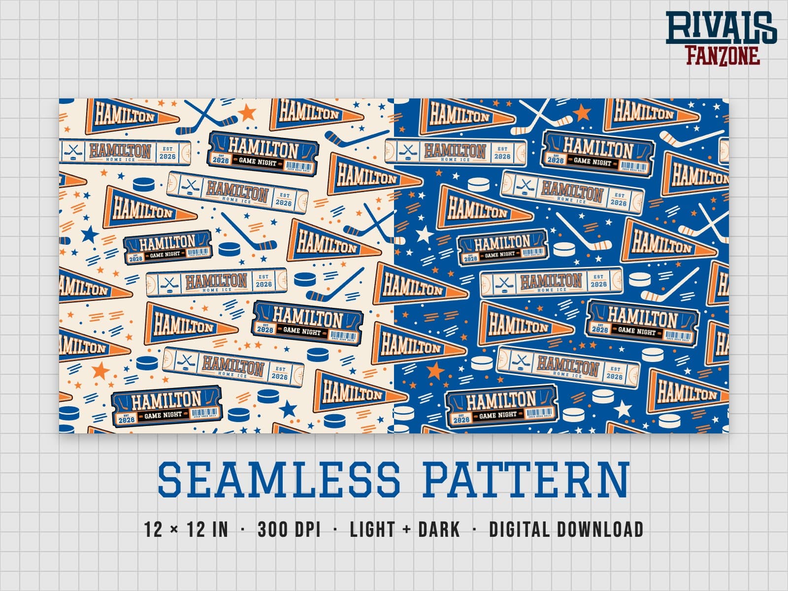 Hamilton Farm Team Hockey Seamless Pattern – 12x12 Digital Paper, Light & Dark — preview 1