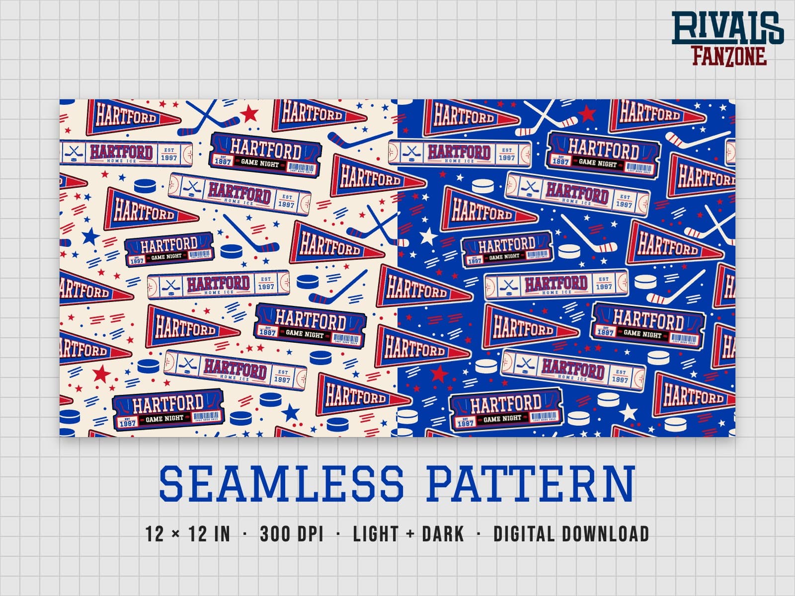 Hartford Farm Team Hockey Seamless Pattern – 12x12 Digital Paper, Light & Dark — preview 1