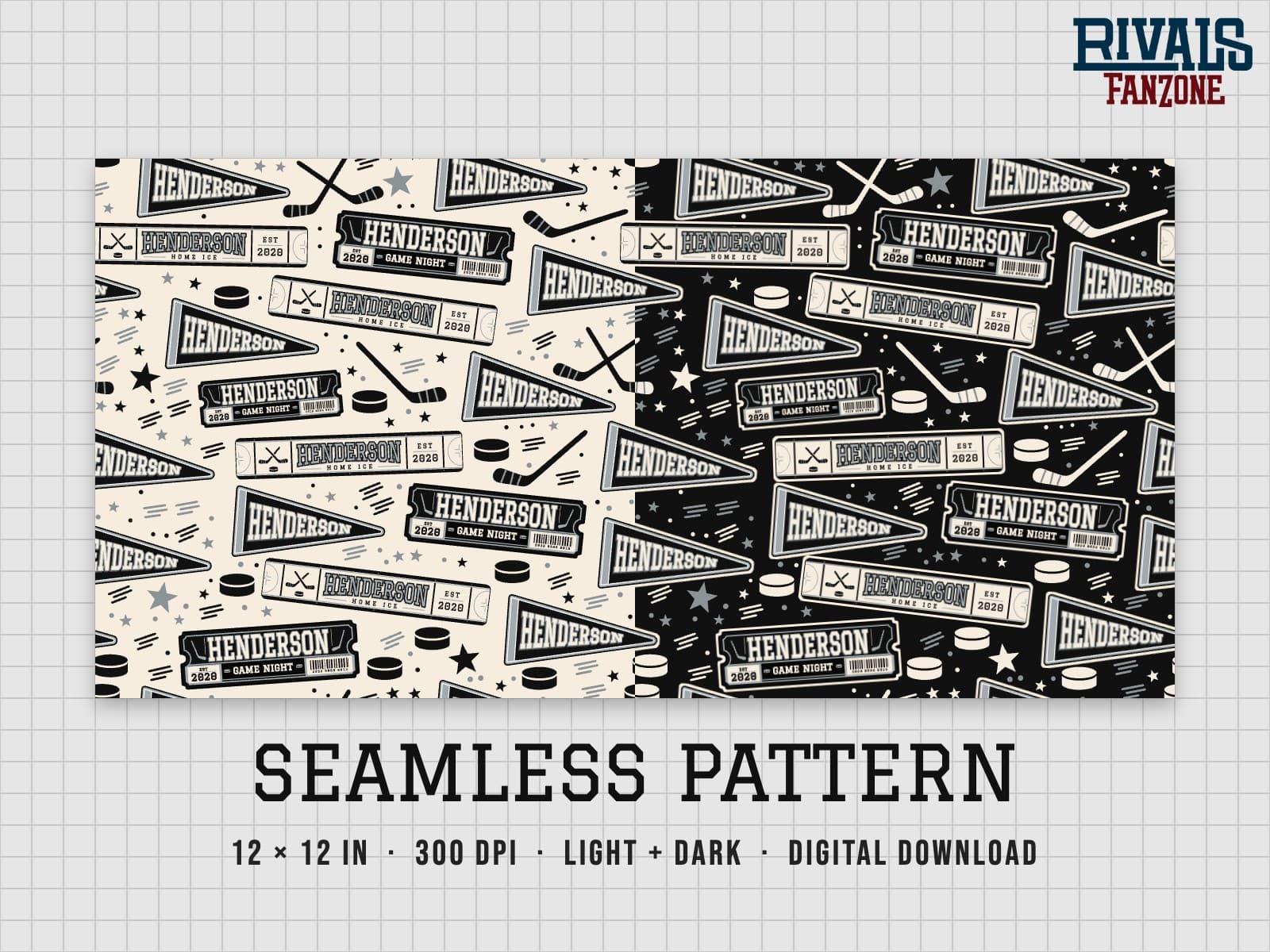 Henderson Farm Team Hockey Seamless Pattern – 12x12 Digital Paper, Light & Dark — preview 1