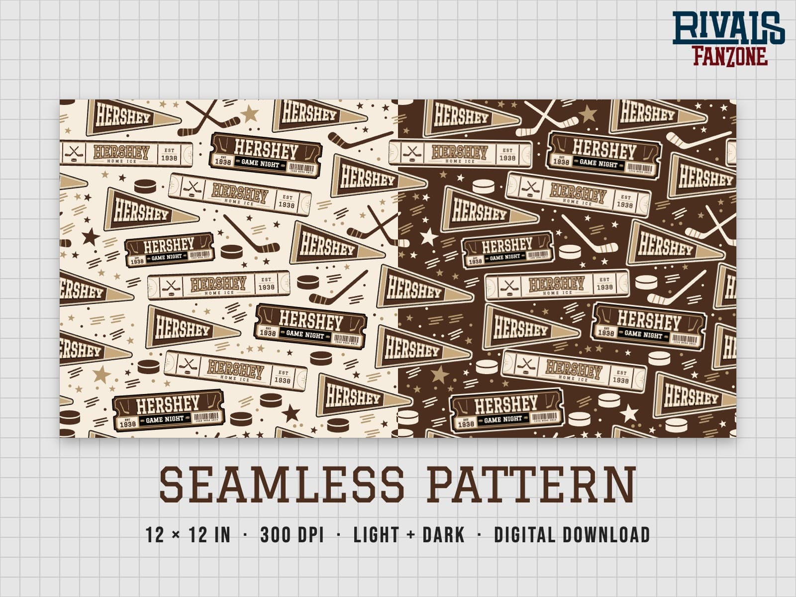 Hershey Farm Team Hockey Seamless Pattern – 12x12 Digital Paper, Light & Dark — preview 1
