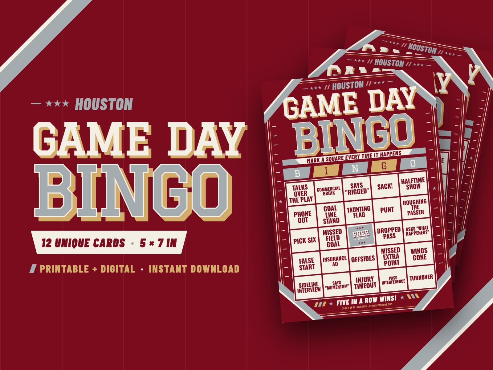 Houston Football Bingo (Scarlet & Silver) – 12 Card Pack — preview 1