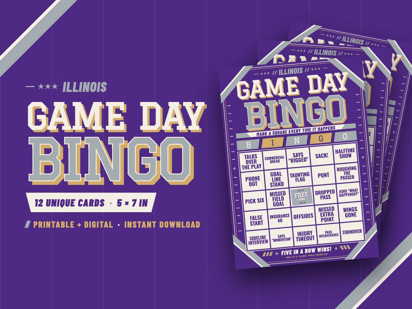 Illinois Football Bingo (Purple & Silver) – 12 Card Pack — preview 1