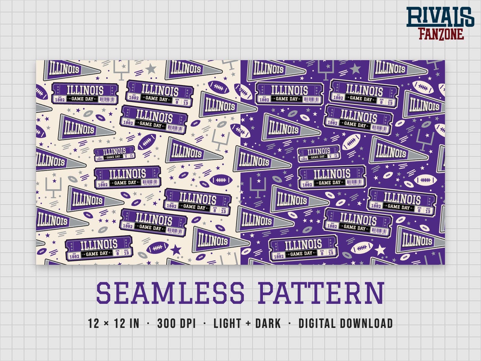 Illinois Football Seamless Pattern (Purple & Silver) – 12x12 Digital Paper, Light & Dark — preview 1