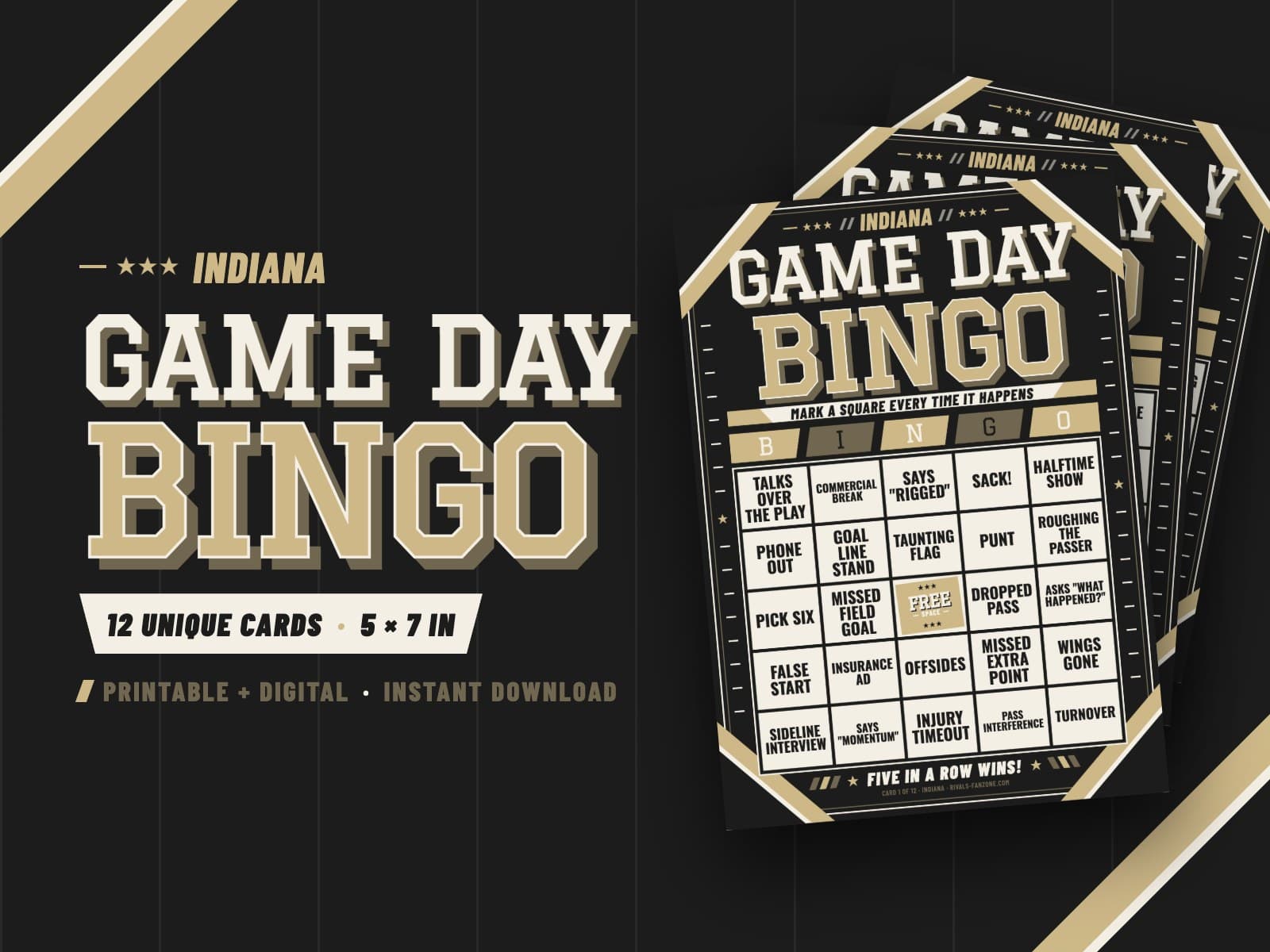 Indiana Football Bingo (Old Gold & Black) – 12 Card Pack — preview 1