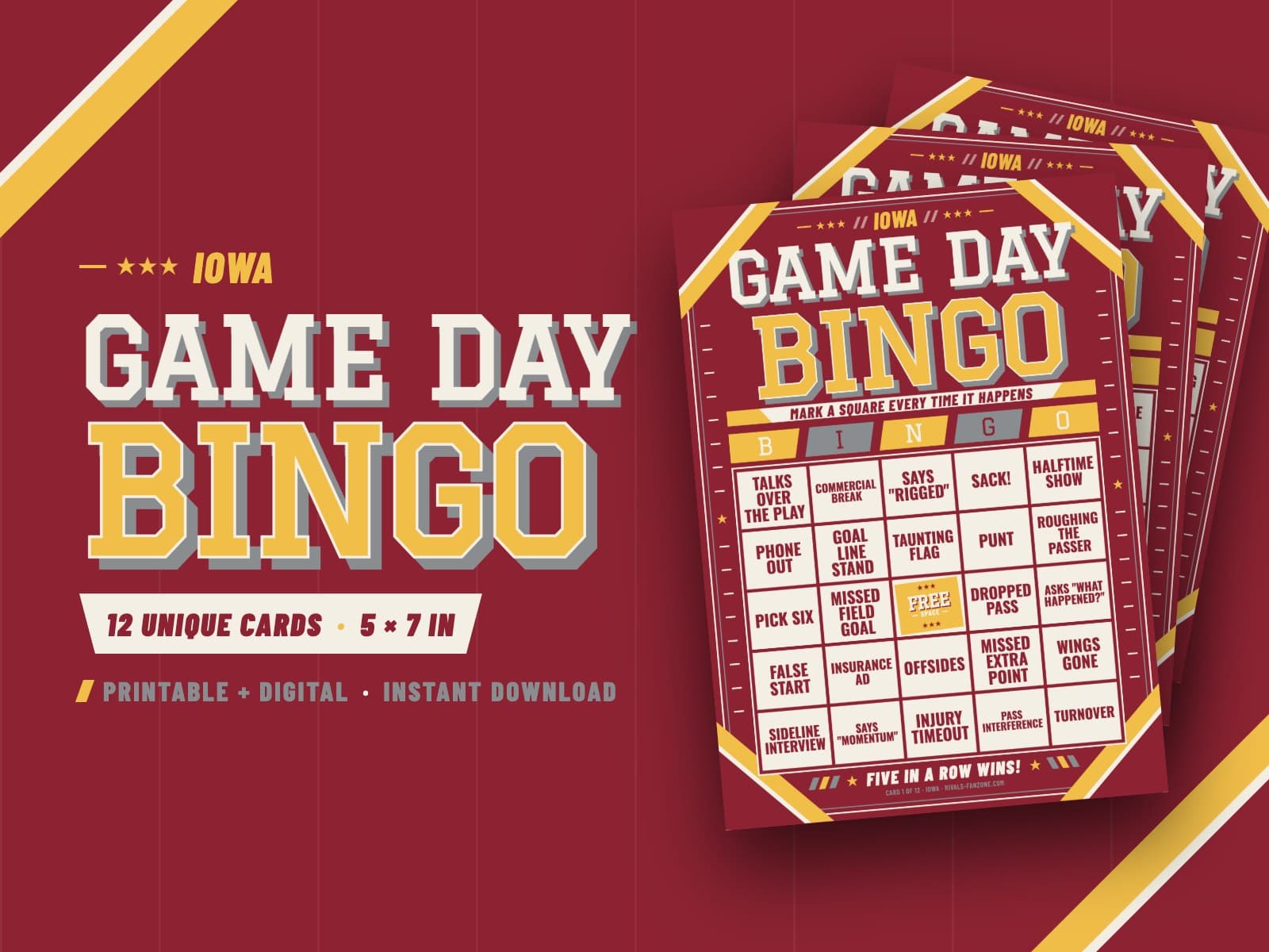 Iowa Football Bingo (Cardinal & Gold) – 12 Card Pack — preview 1