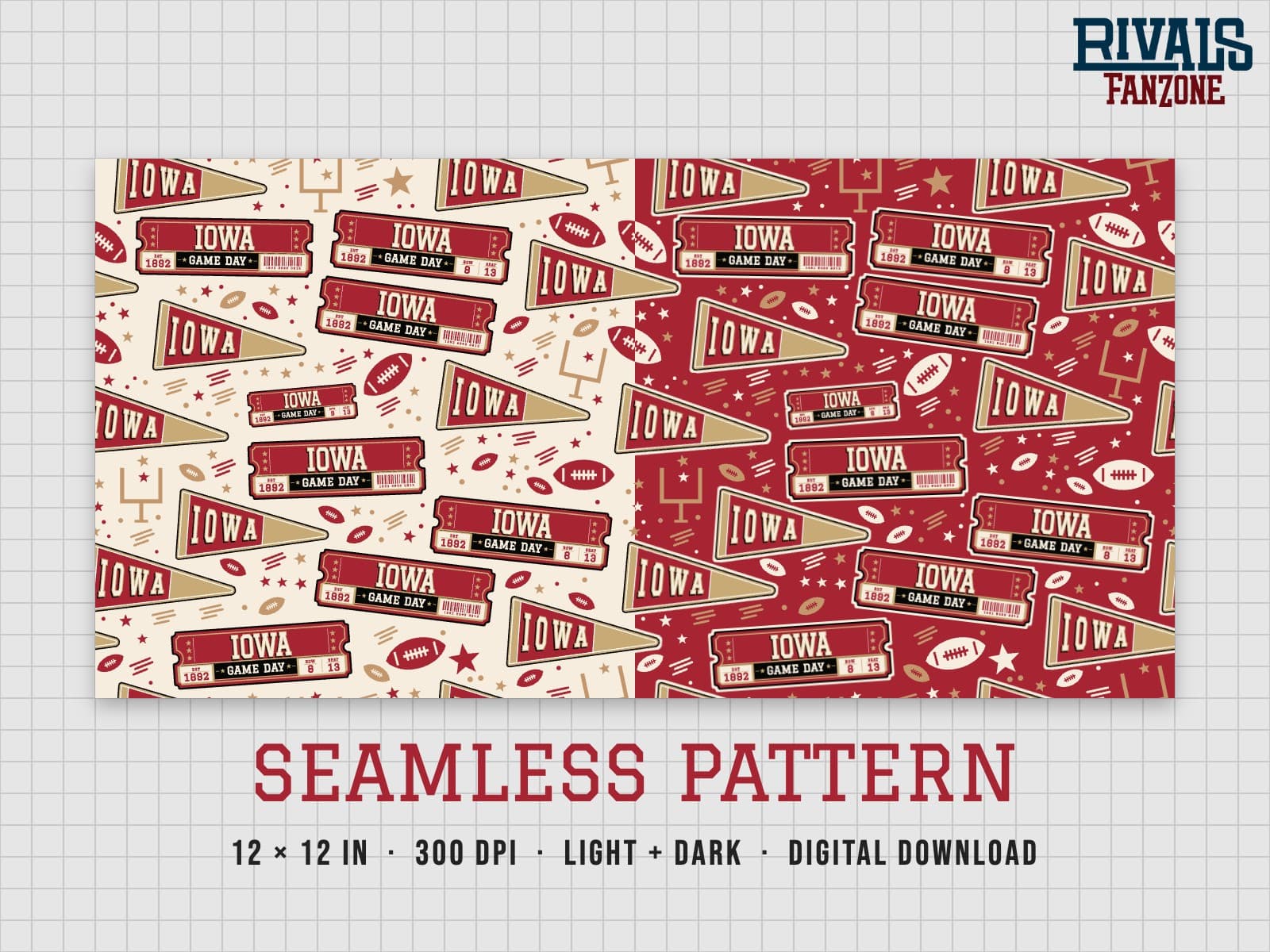 Iowa Football Seamless Pattern (Cardinal & Gold) – 12x12 Digital Paper, Light & Dark — preview 1