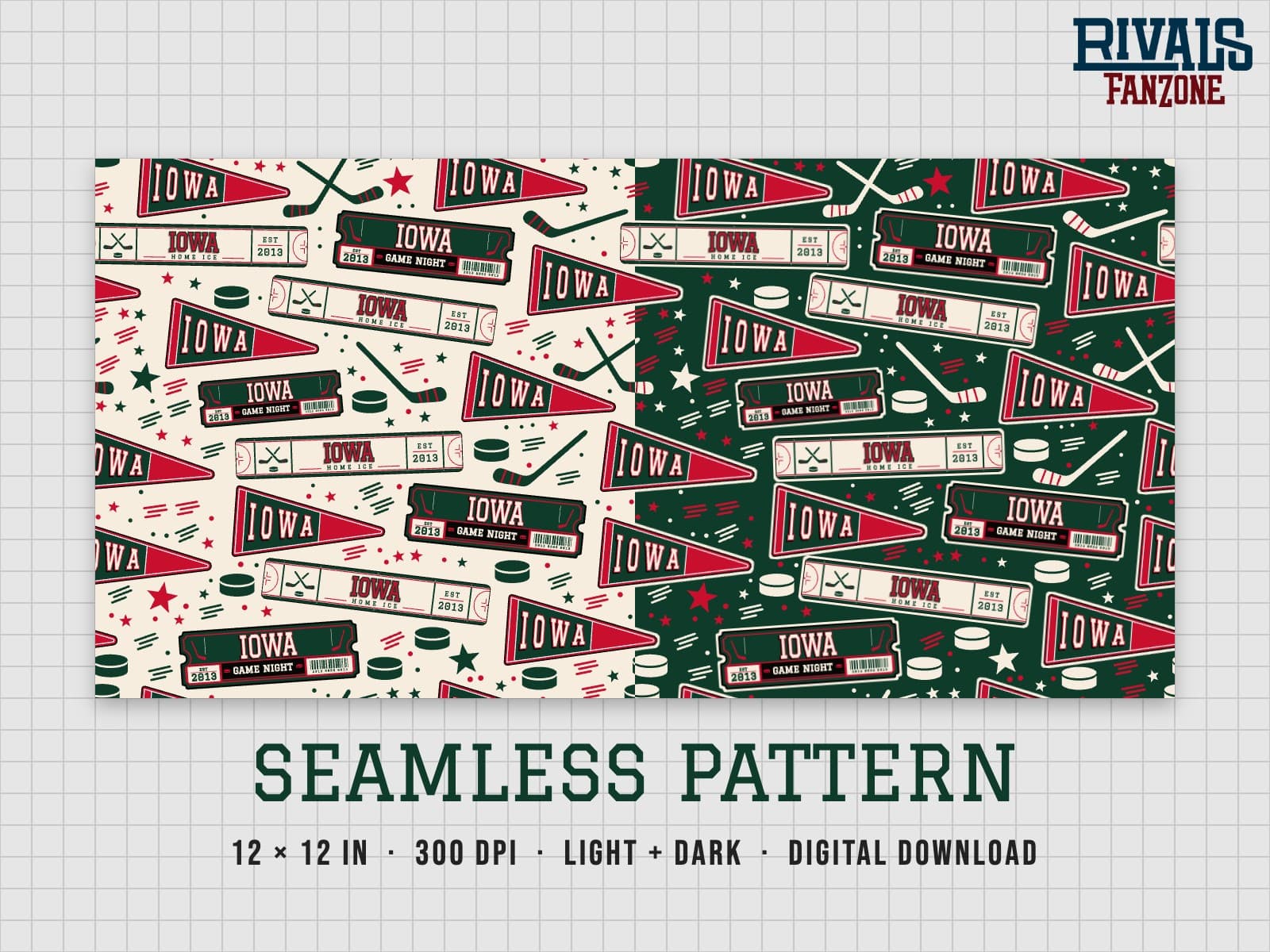 Iowa Farm Team Hockey Seamless Pattern – 12x12 Digital Paper, Light & Dark — preview 1