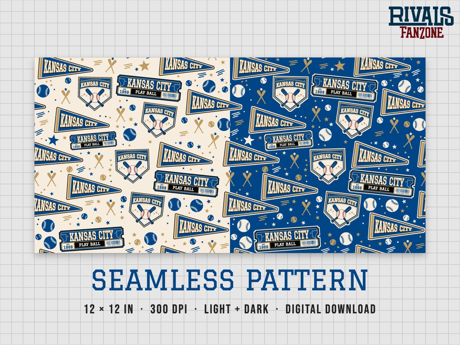 Kansas City Baseball Seamless Pattern – 12x12 Digital Paper, Light & Dark — preview 1