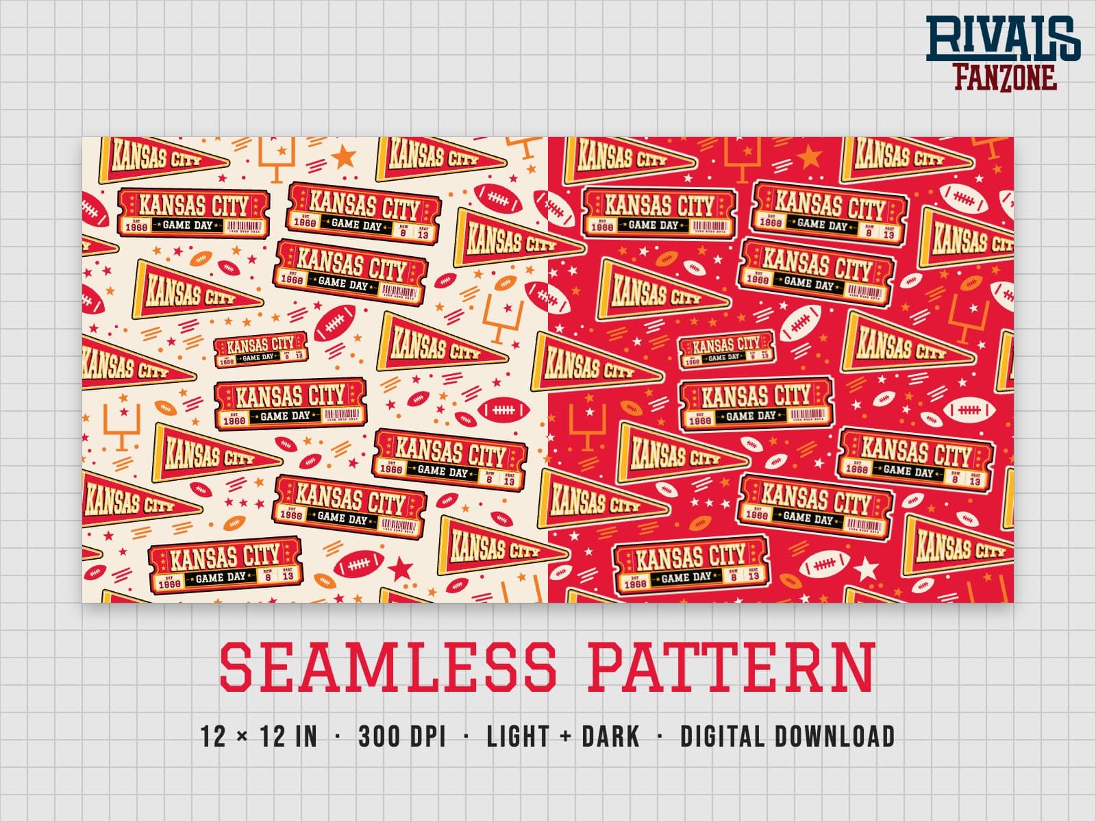 Kansas City Football Seamless Pattern – 12x12 Digital Paper, Light & Dark — preview 1