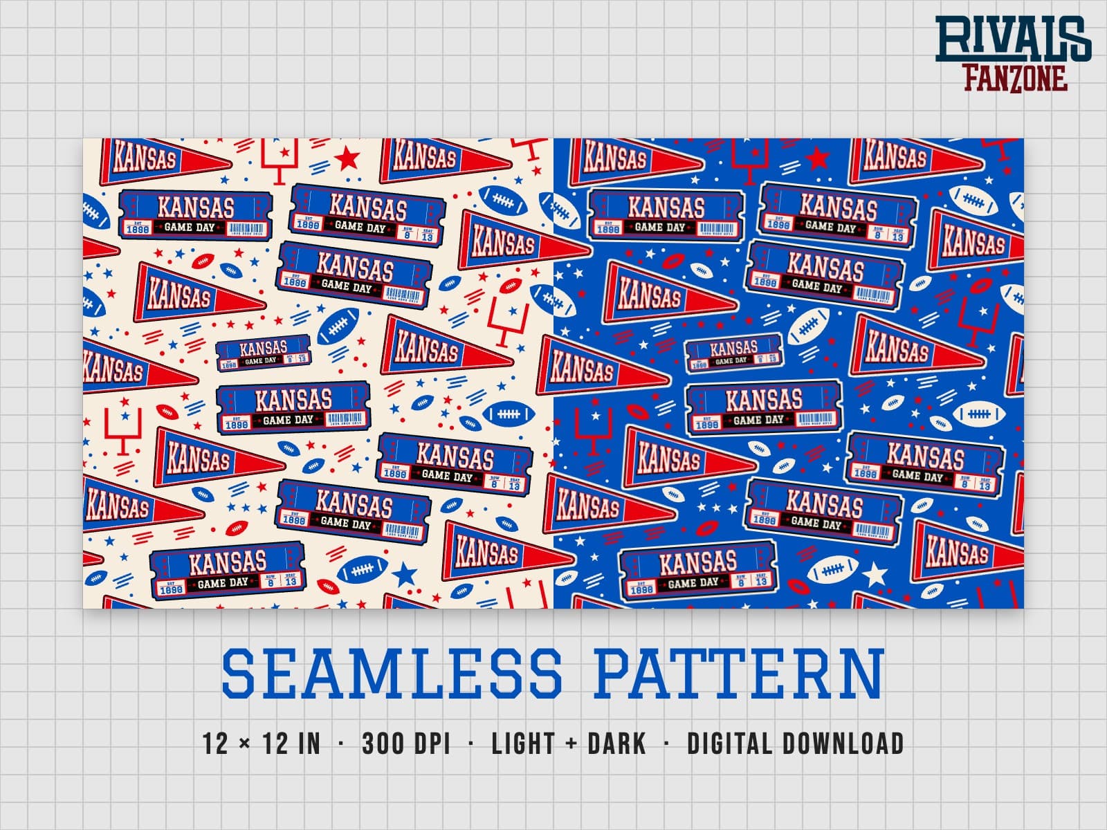 Kansas Football Seamless Pattern – 12x12 Digital Paper, Light & Dark — preview 1