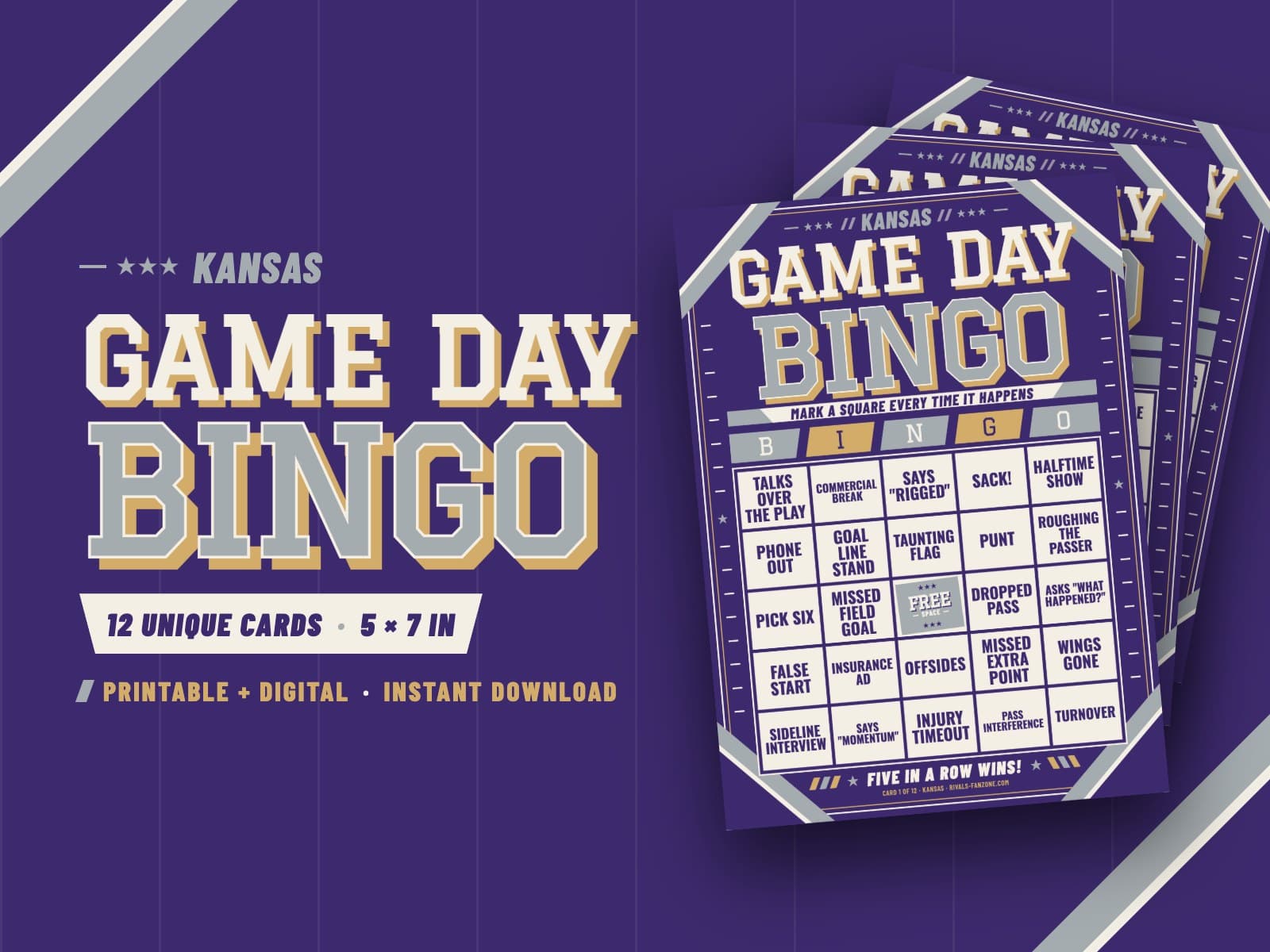 Kansas Football Bingo (Purple & Silver) – 12 Card Pack — preview 1