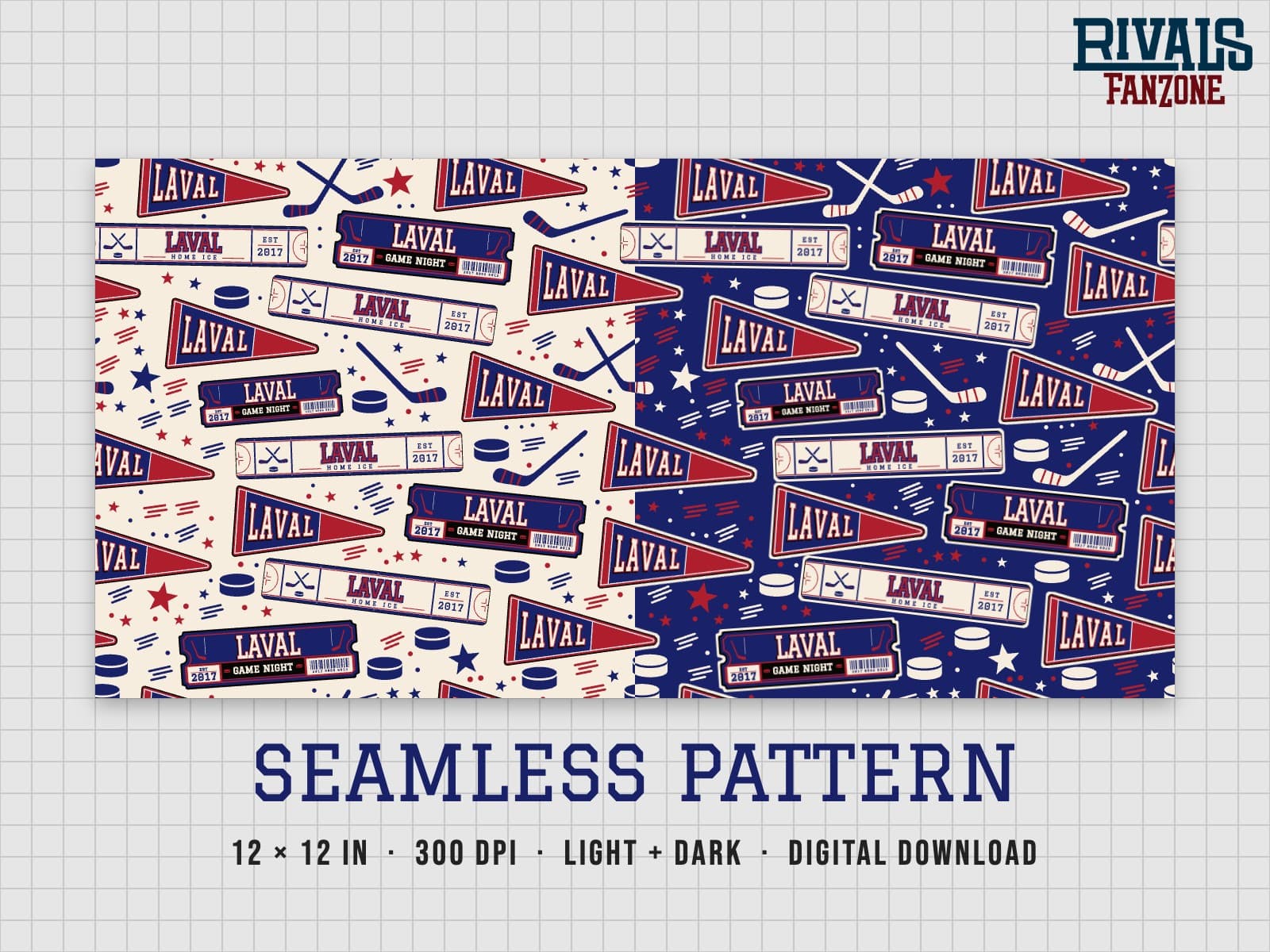 Laval Farm Team Hockey Seamless Pattern – 12x12 Digital Paper, Light & Dark — preview 1