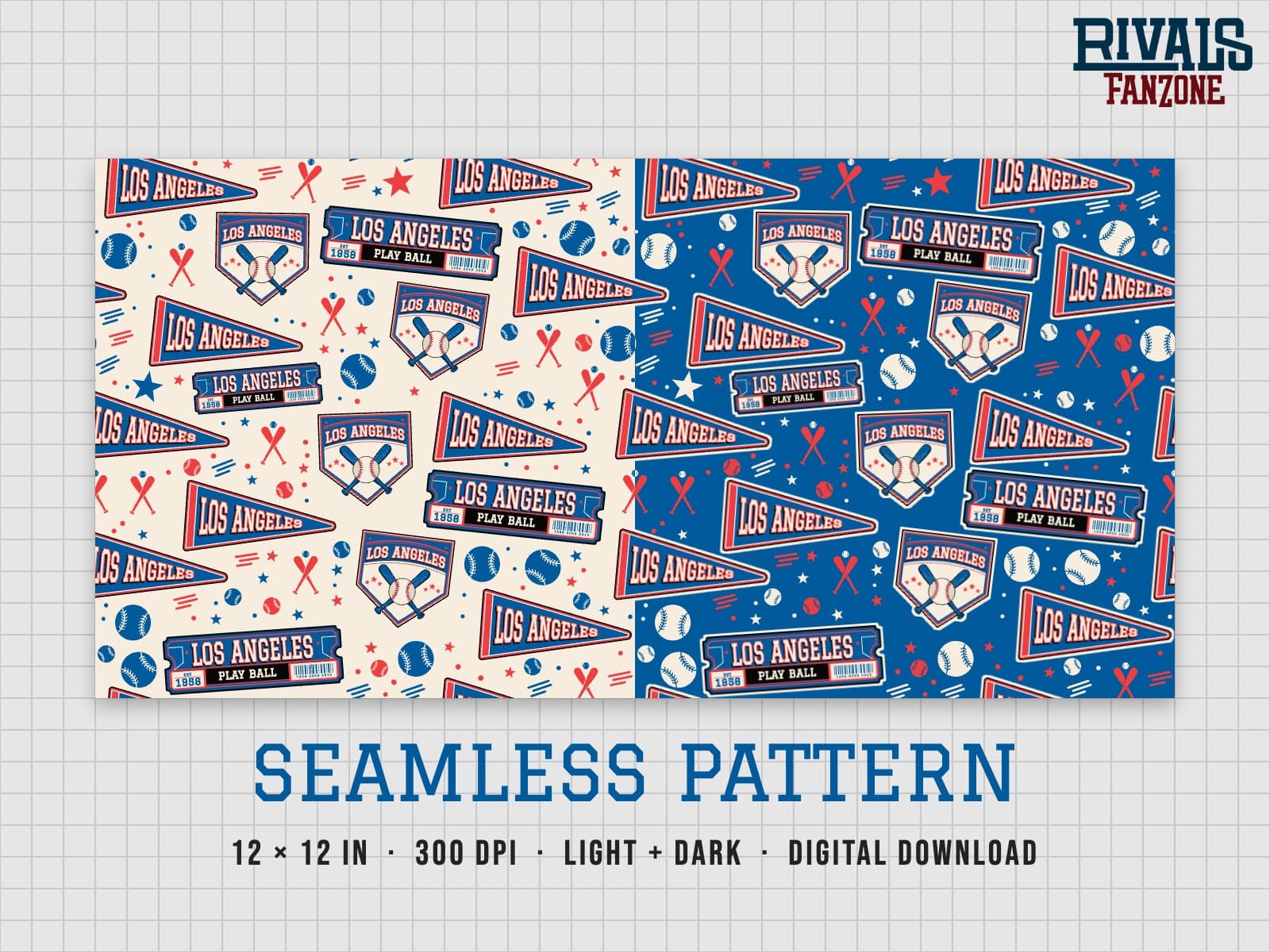 Los Angeles Baseball Seamless Pattern – 12x12 Digital Paper, Light & Dark — preview 1