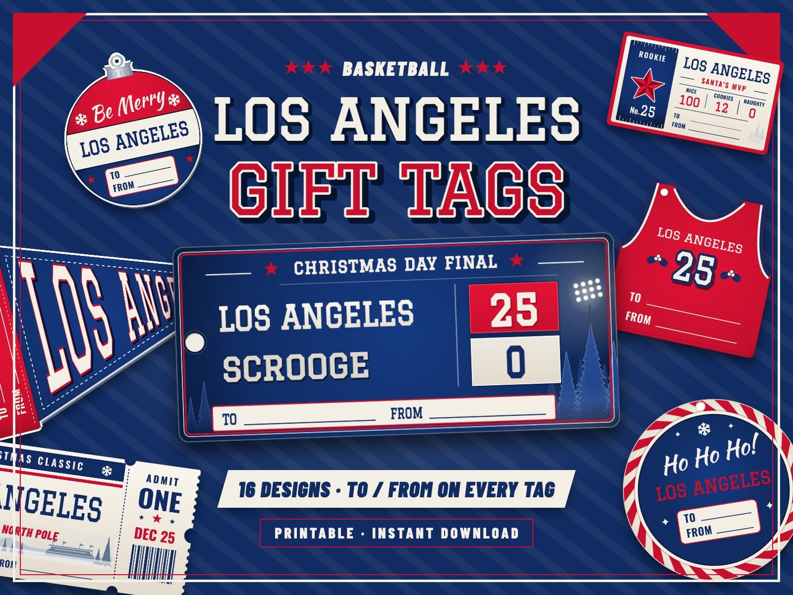Los Angeles Basketball Game Day Gift Tags (Blue & Red) – 16 Printable Designs — preview 1