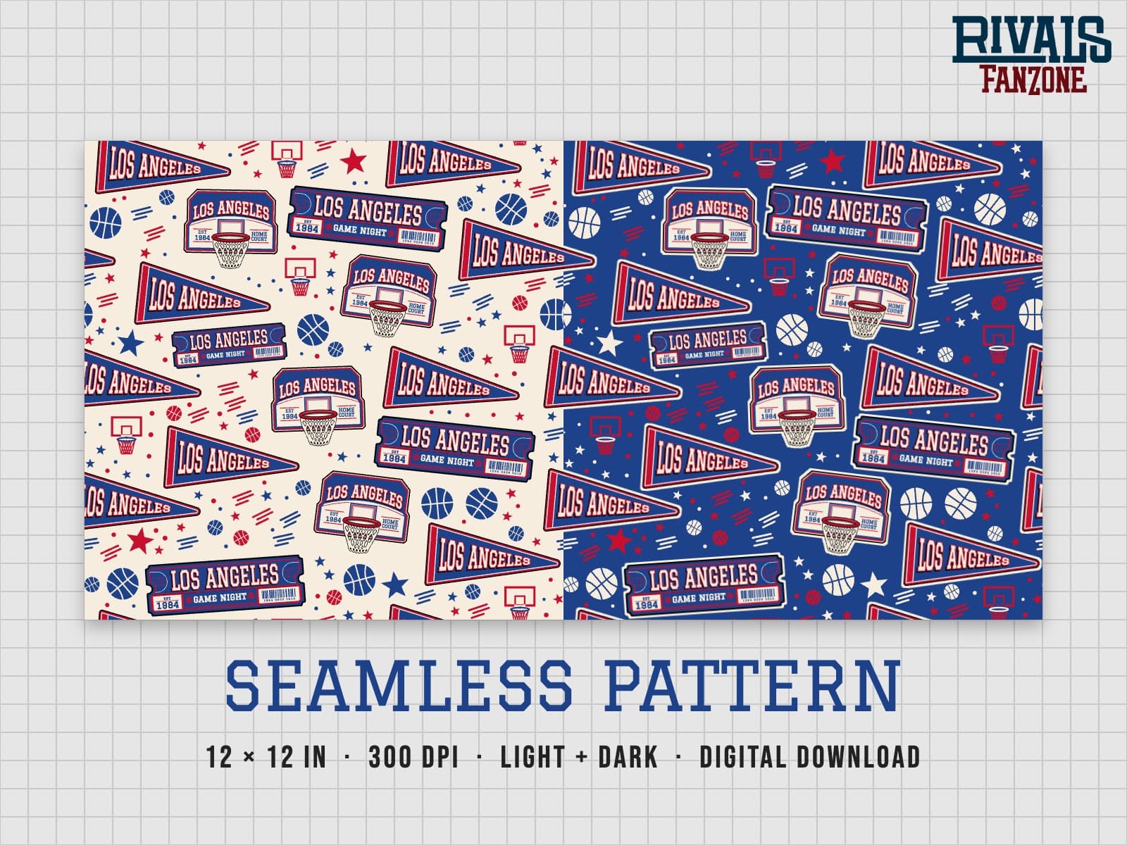 Los Angeles Basketball Seamless Pattern (Blue & Red) – 12x12 Digital Paper, Light & Dark — preview 1