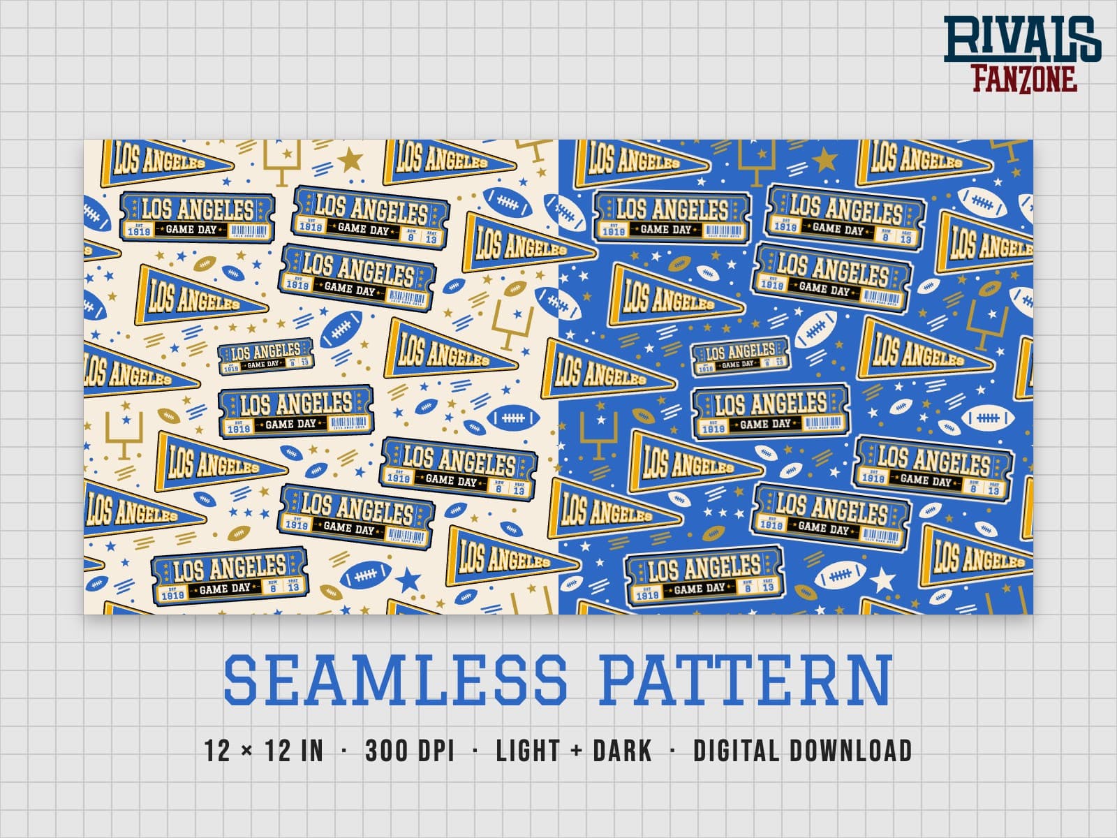 Los Angeles Football Seamless Pattern (Blue & Gold) – 12x12 Digital Paper, Light & Dark — preview 1