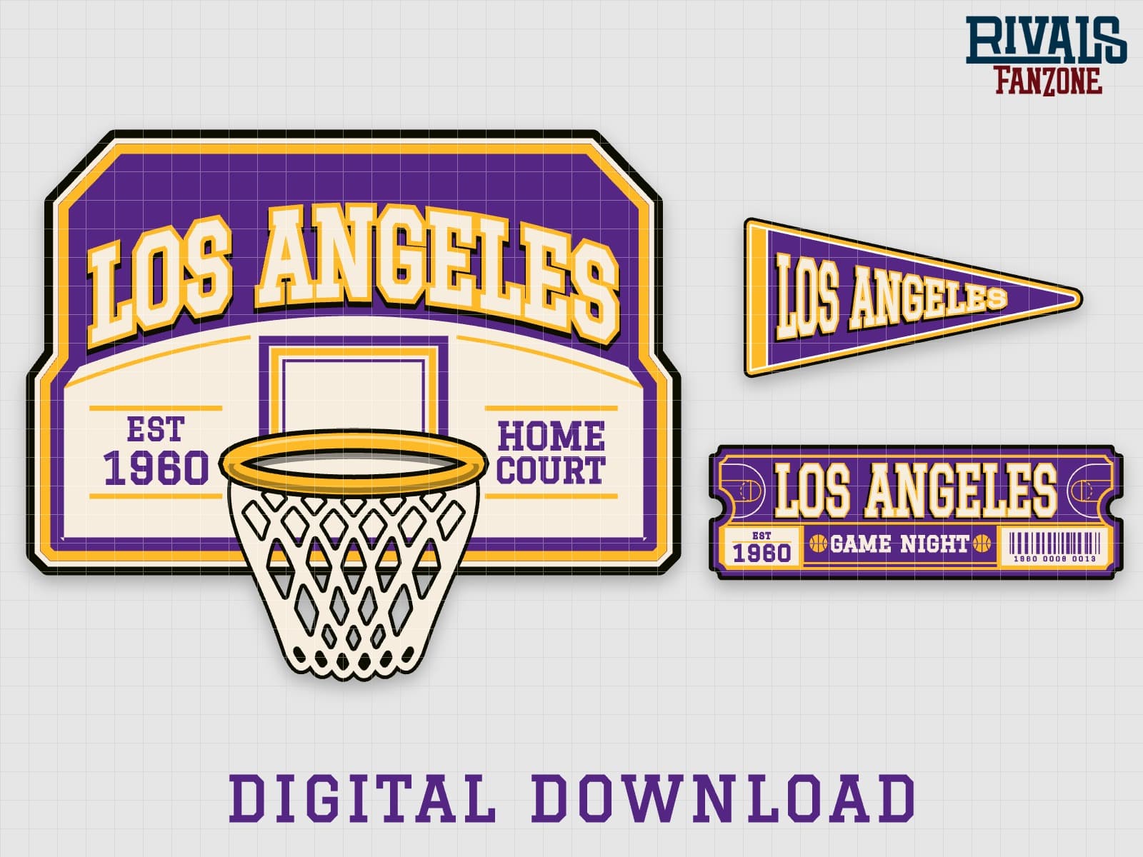 Los Angeles Basketball Pennant, Ticket & Backboard Sign SVG (Purple & Gold) – Cricut Cut Files — preview 1