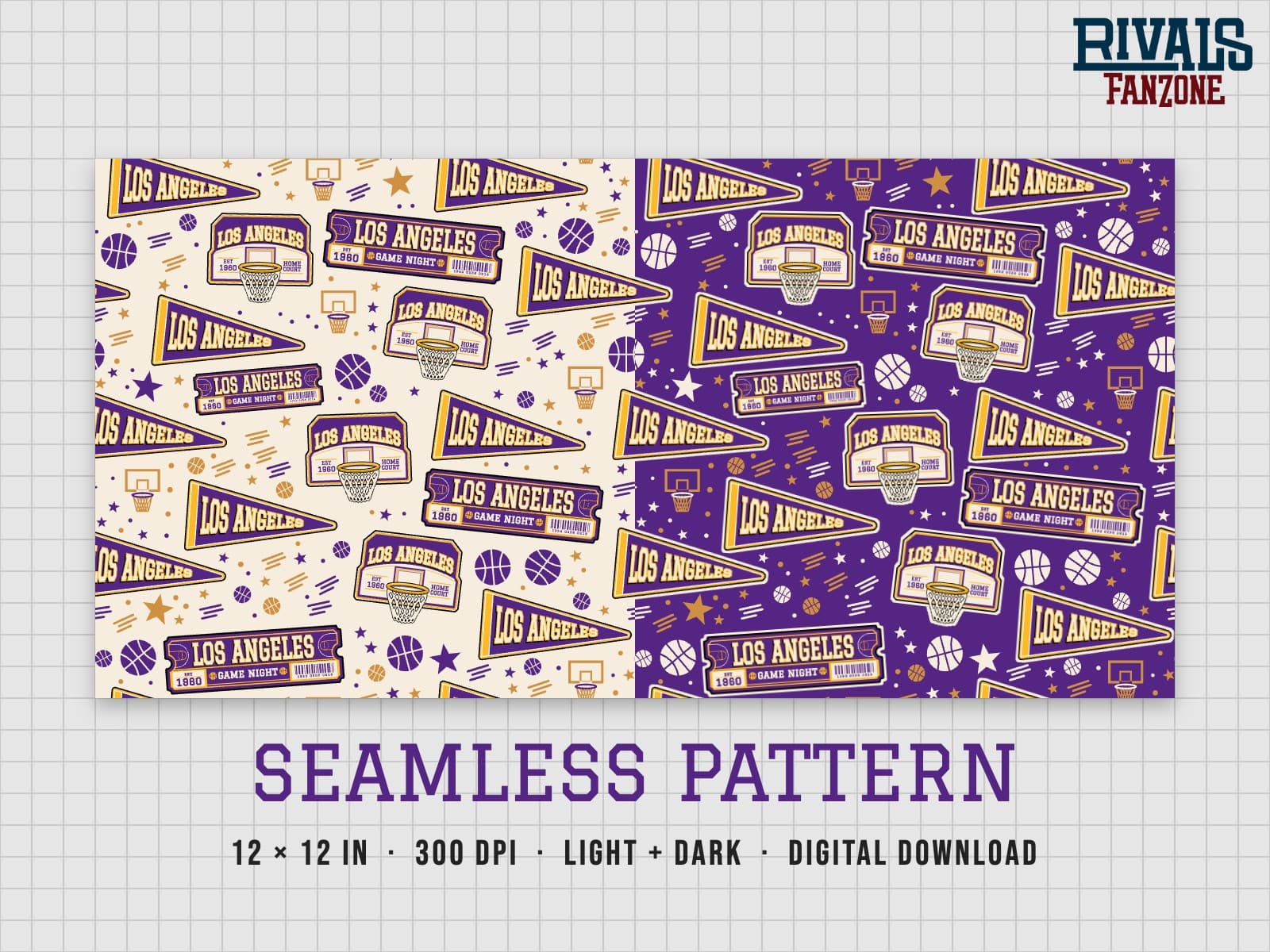 Los Angeles Basketball Seamless Pattern (Purple & Gold) – 12x12 Digital Paper, Light & Dark — preview 1