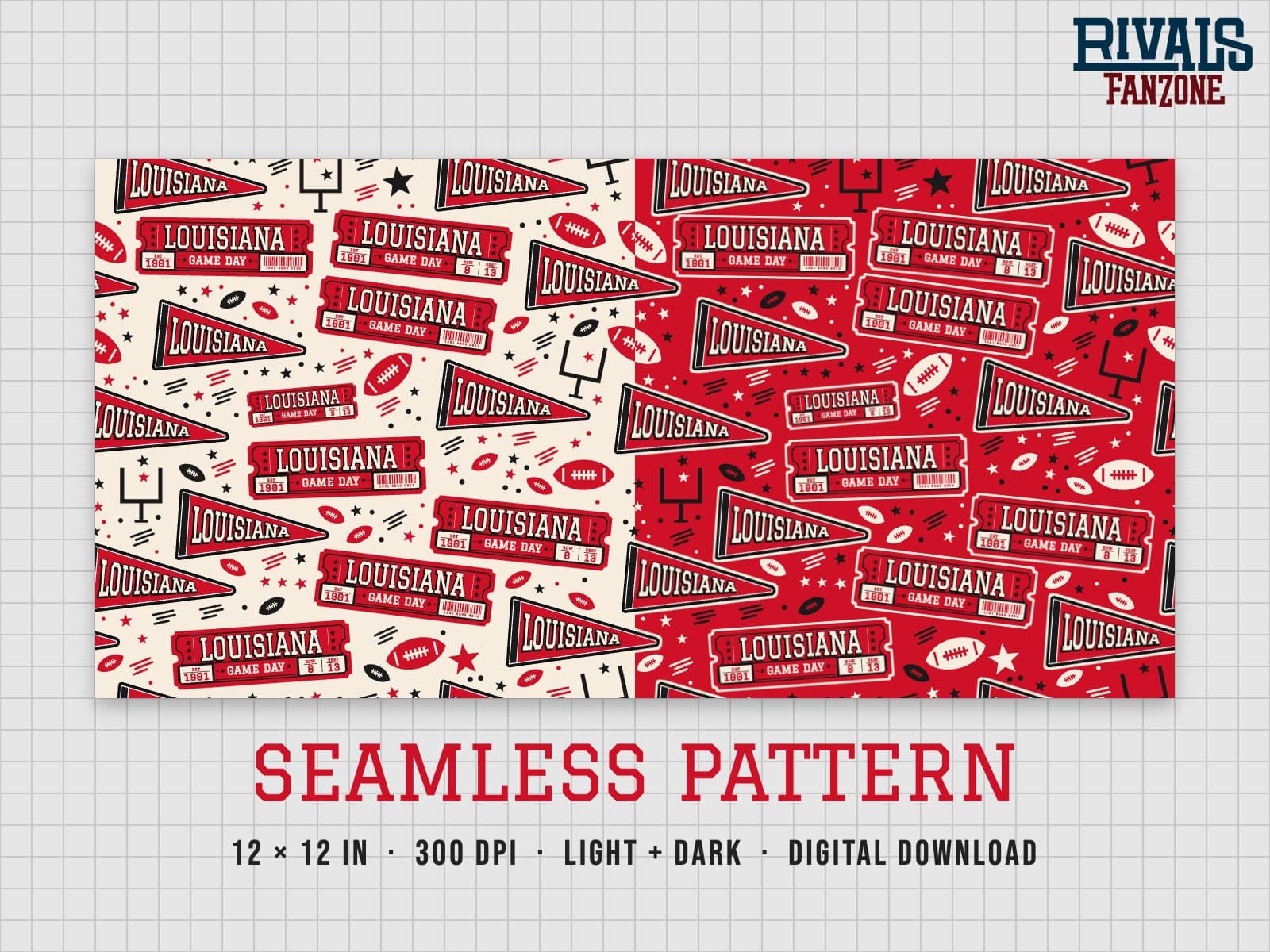 Louisiana Football Seamless Pattern (Red & Black) – 12x12 Digital Paper, Light & Dark — preview 1