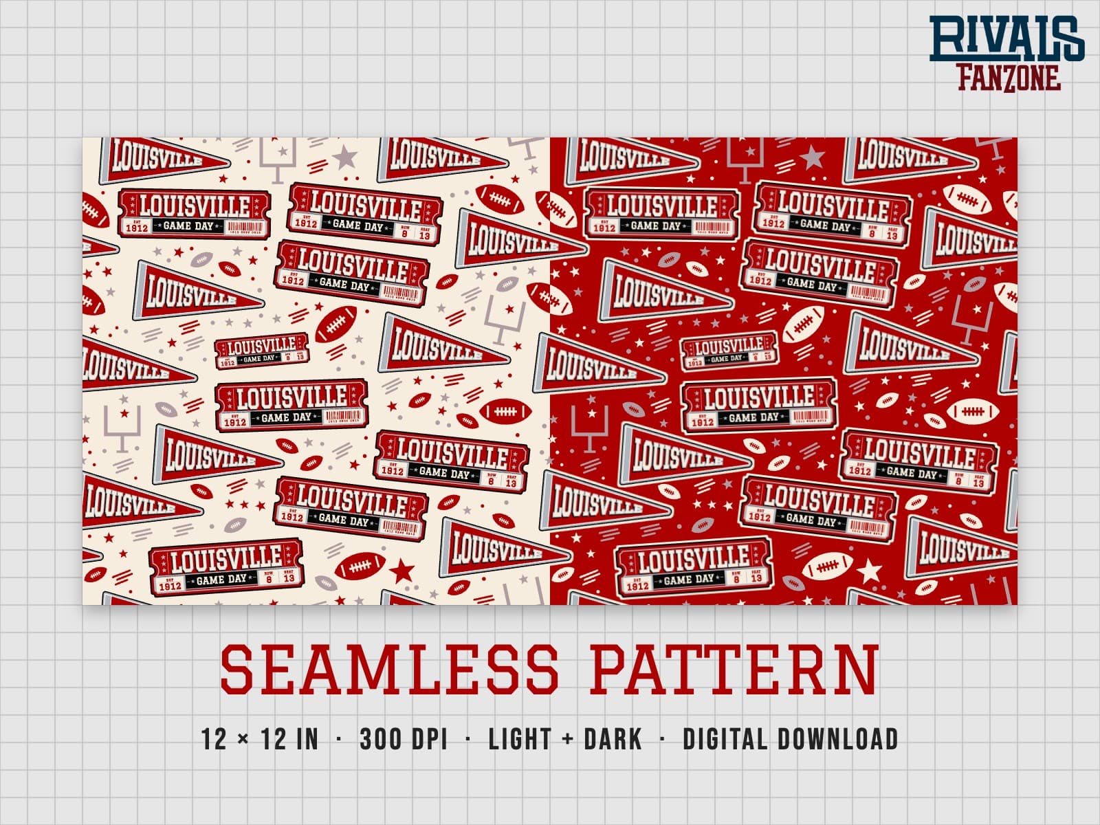 Louisville Football Seamless Pattern – 12x12 Digital Paper, Light & Dark — preview 1