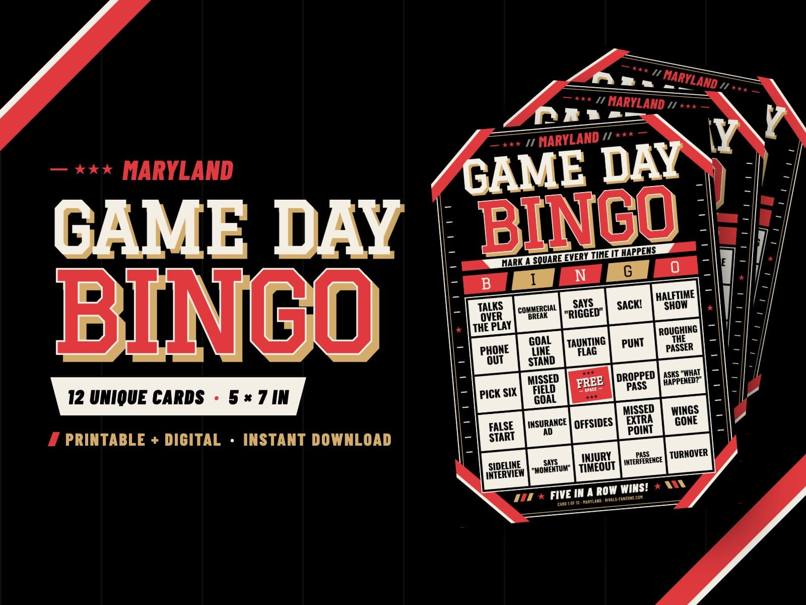 Maryland Football Bingo – 12 Card Pack — preview 1