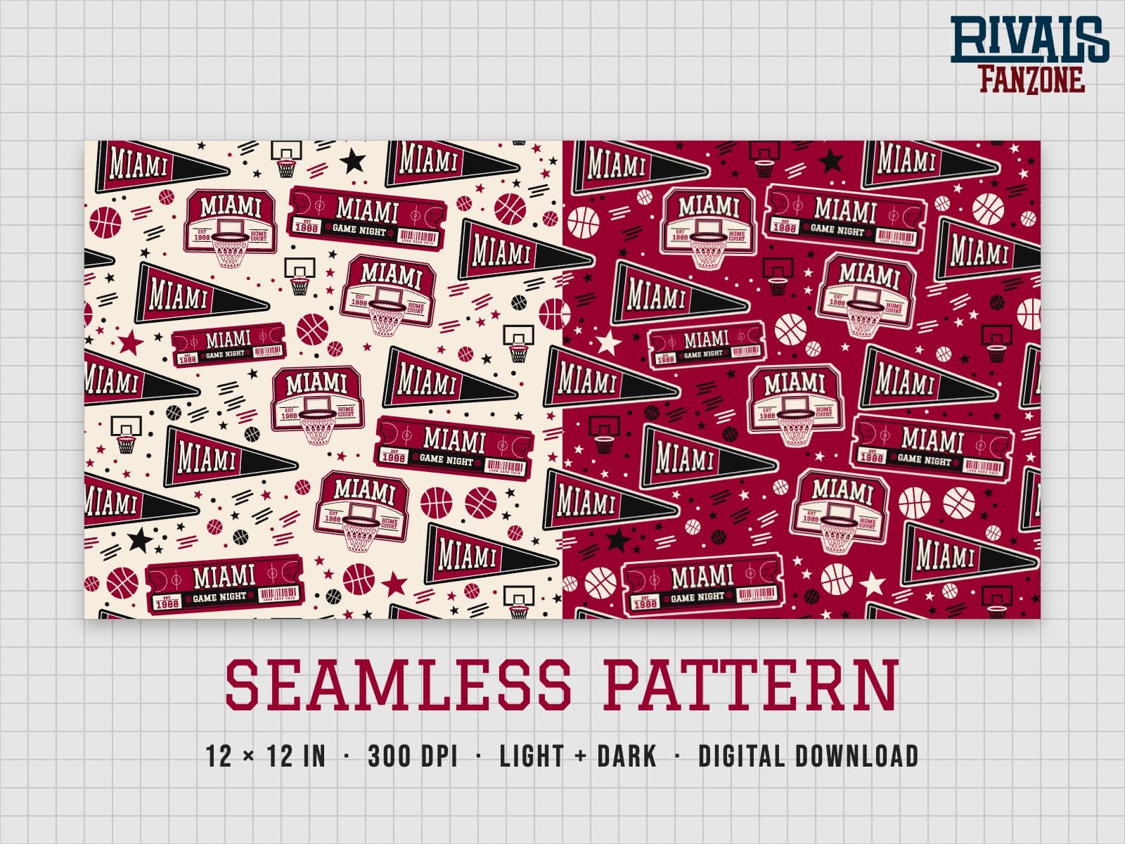 Miami Basketball Seamless Pattern – 12x12 Digital Paper, Light & Dark — preview 1