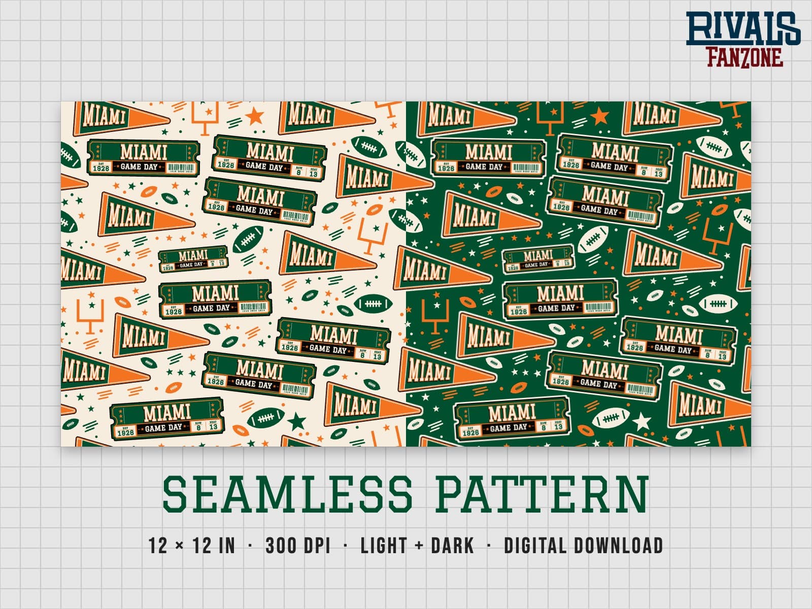 Miami Football Seamless Pattern (Green & Orange) – 12x12 Digital Paper, Light & Dark — preview 1
