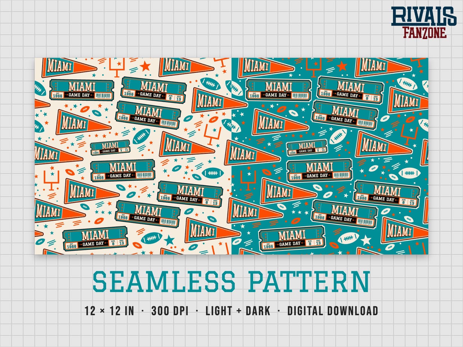 Miami Football Seamless Pattern – 12x12 Digital Paper, Light & Dark — preview 1