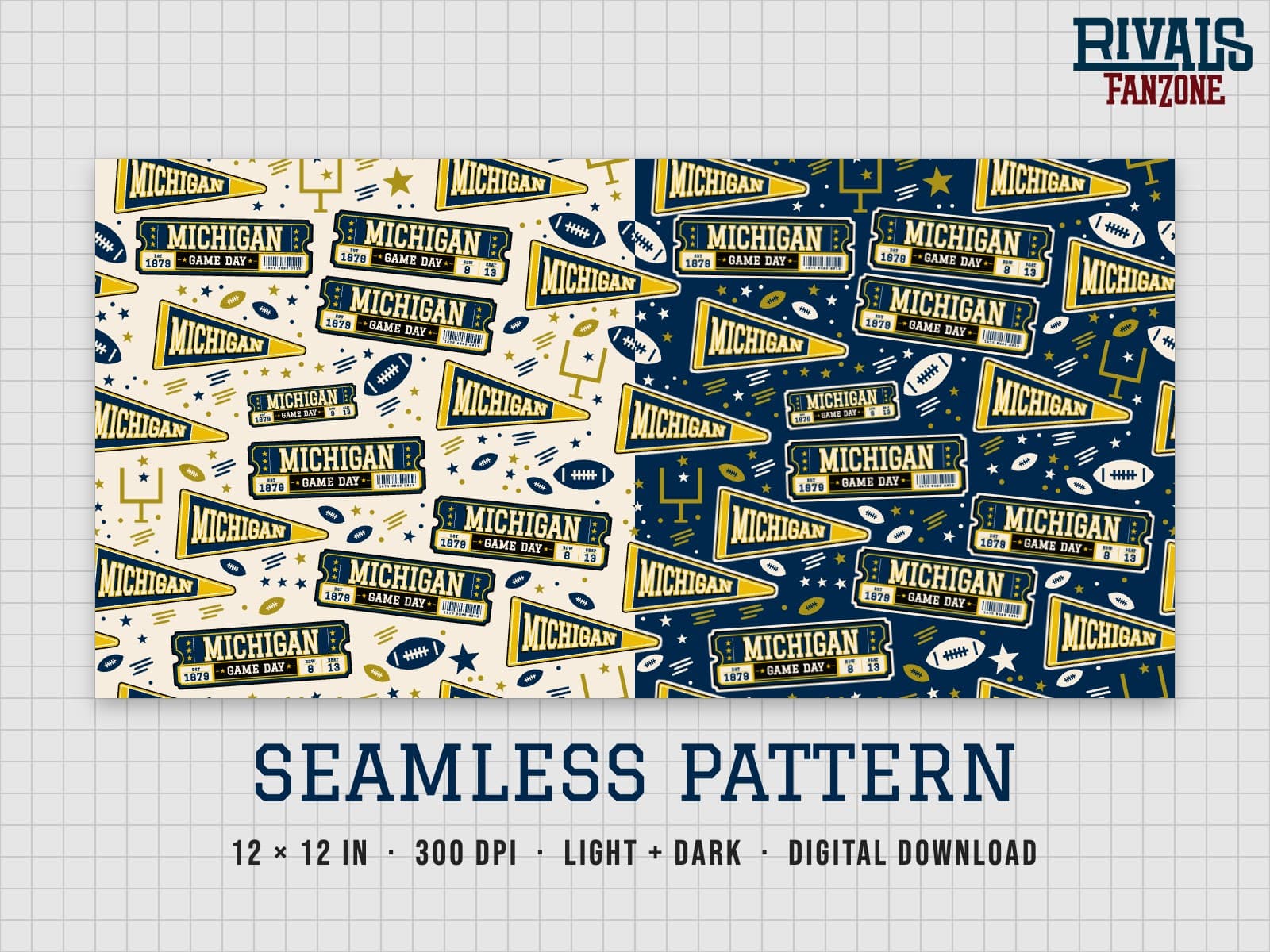 Michigan Football Seamless Pattern – 12x12 Digital Paper, Light & Dark — preview 1