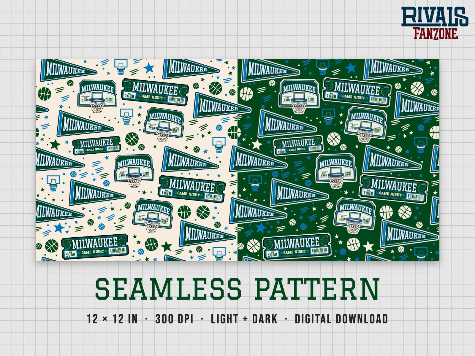 Milwaukee Basketball Seamless Pattern – 12x12 Digital Paper, Light & Dark — preview 1