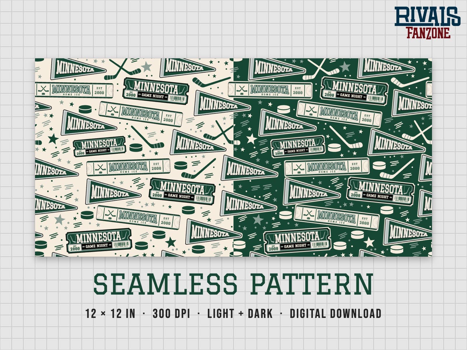 Minnesota Hockey Seamless Pattern – 12x12 Digital Paper, Light & Dark — preview 1