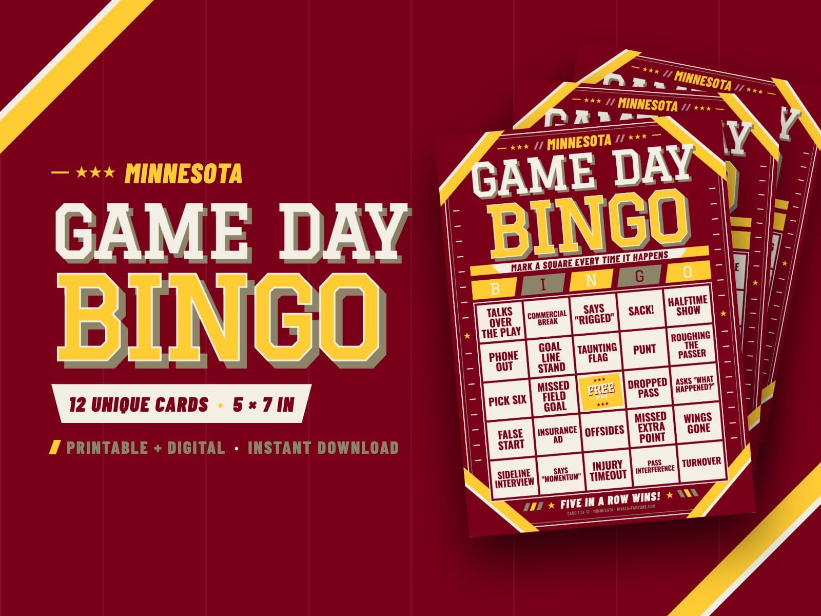 Minnesota Football Bingo (Maroon & Gold) – 12 Card Pack — preview 1