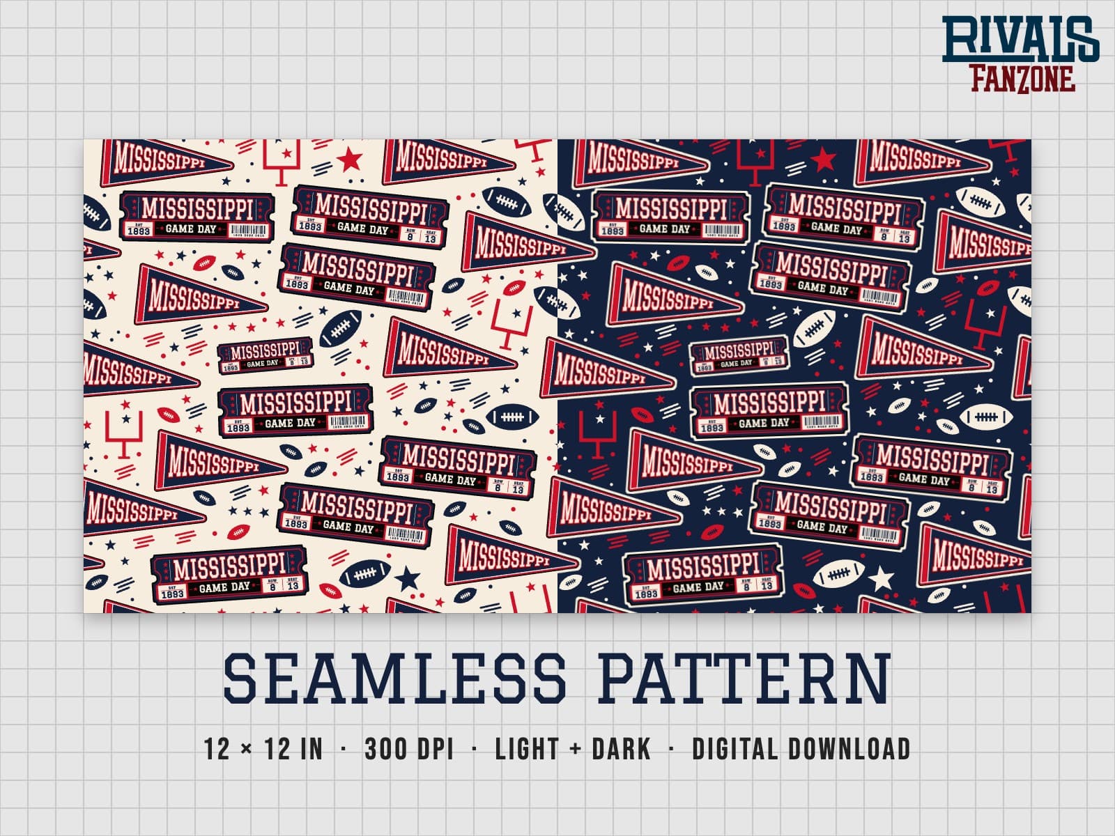 Mississippi Football Seamless Pattern – 12x12 Digital Paper, Light & Dark — preview 1