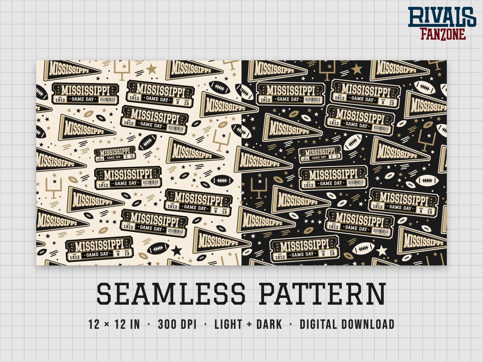 Mississippi Football Seamless Pattern (Black & Gold) – 12x12 Digital Paper, Light & Dark — preview 1