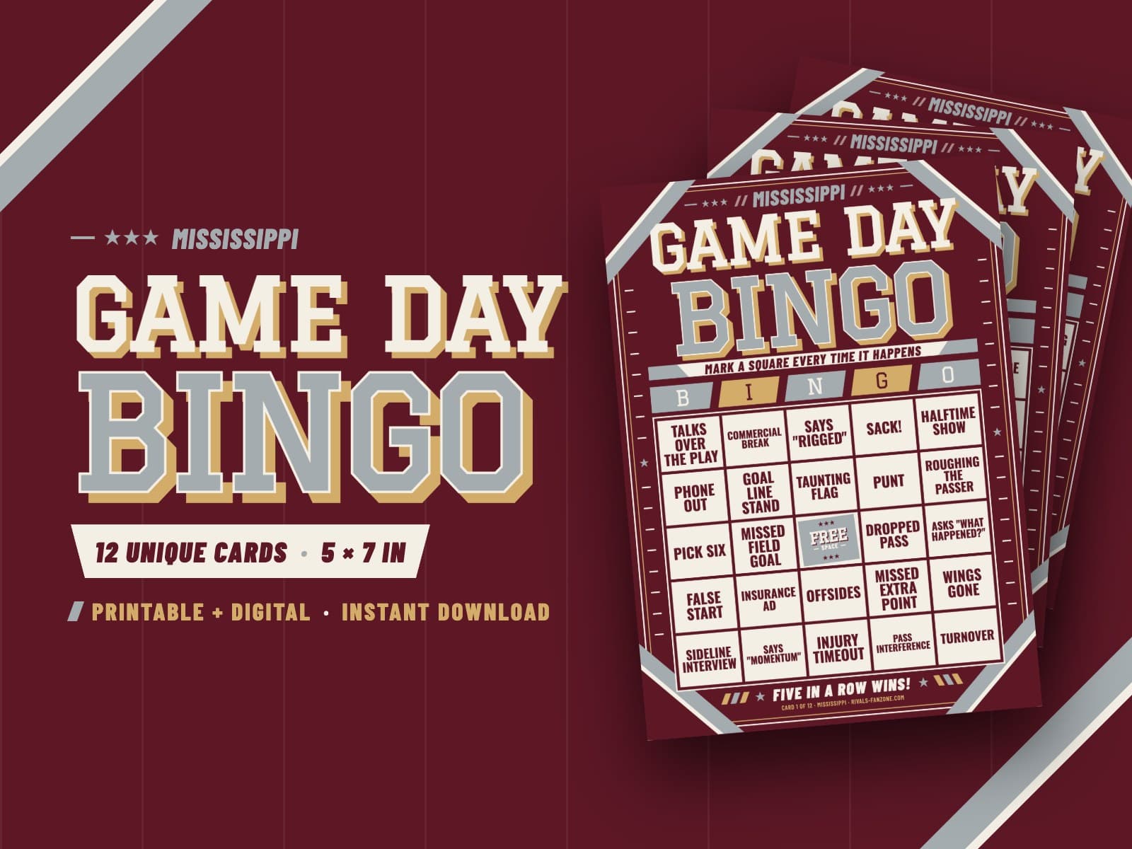 Mississippi Football Bingo (Maroon & White) – 12 Card Pack — preview 1