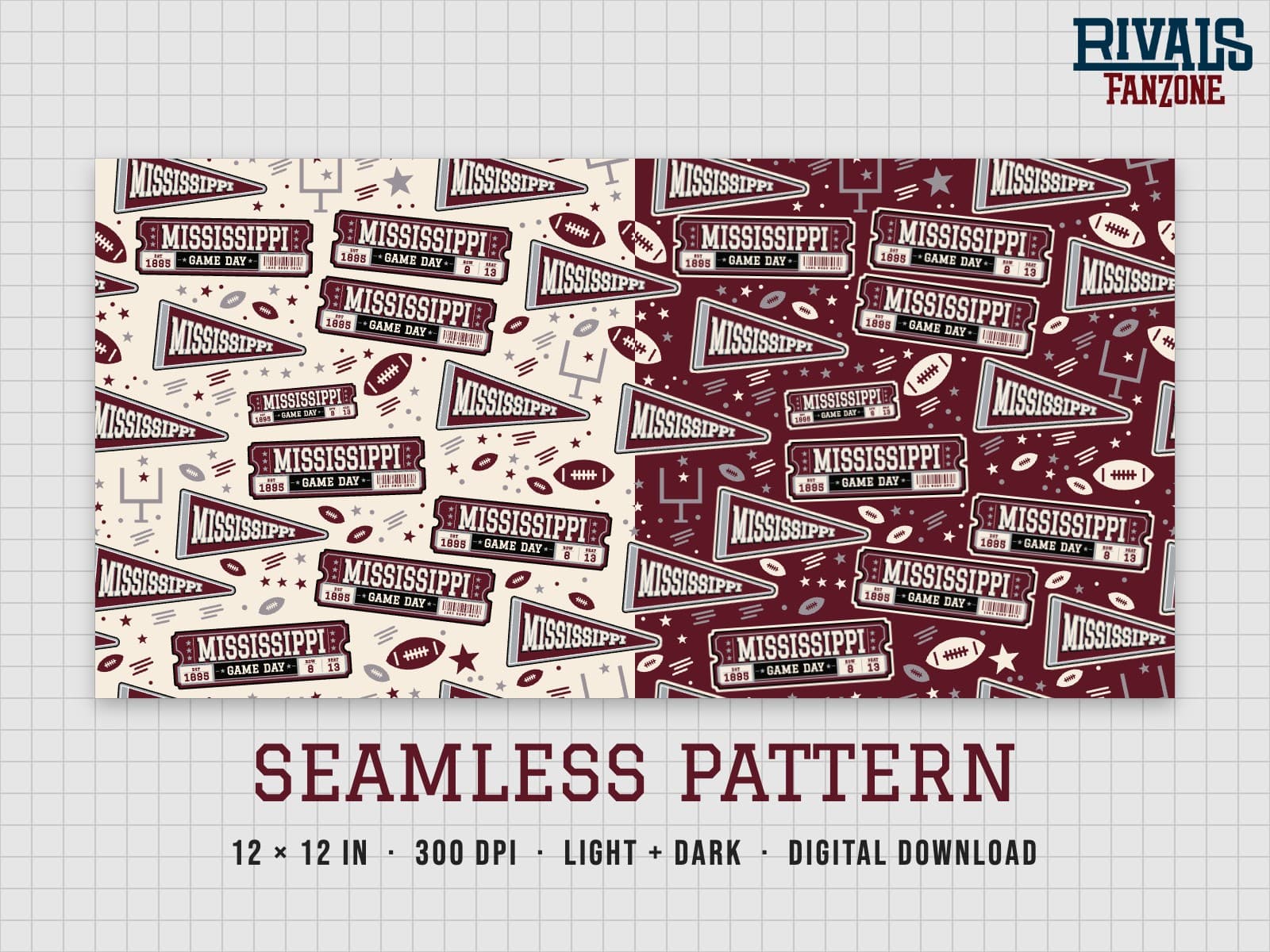 Mississippi Football Seamless Pattern (Maroon & White) – 12x12 Digital Paper, Light & Dark — preview 1