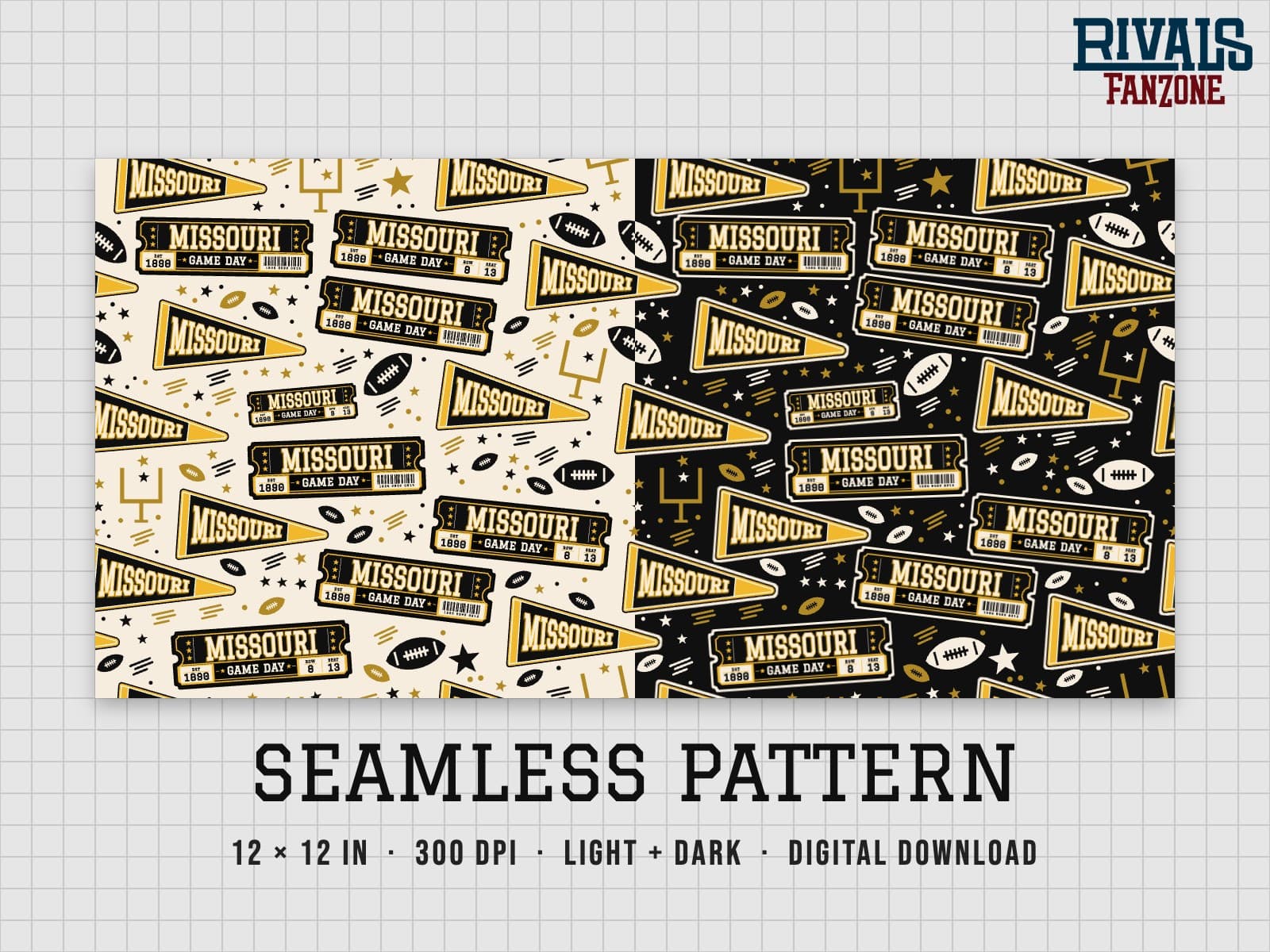 Missouri Football Seamless Pattern – 12x12 Digital Paper, Light & Dark — preview 1