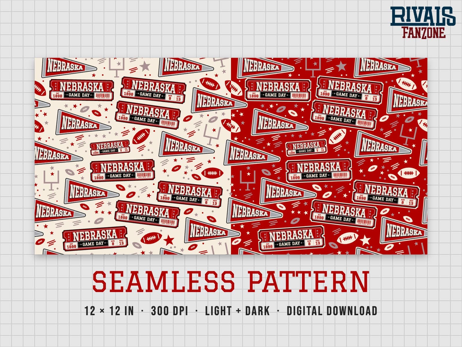 Nebraska Football Seamless Pattern – 12x12 Digital Paper, Light & Dark — preview 1