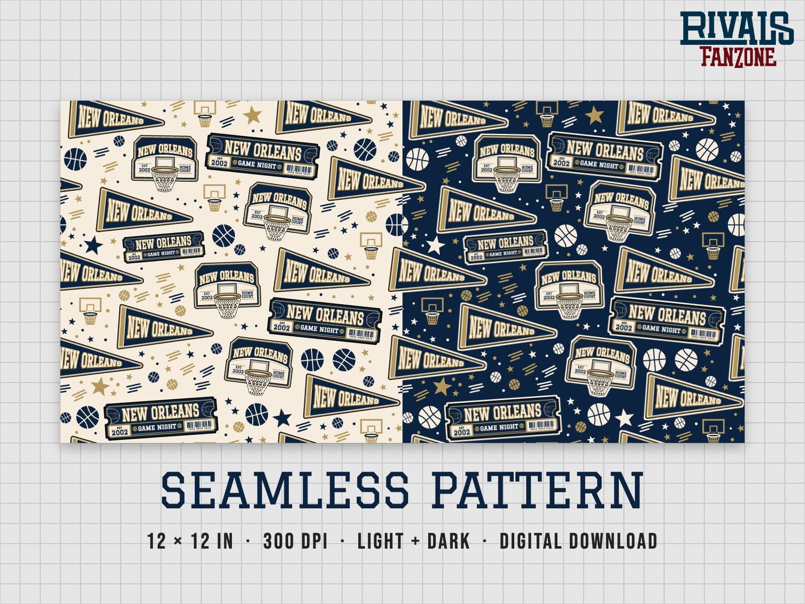 New Orleans Basketball Seamless Pattern – 12x12 Digital Paper, Light & Dark — preview 1