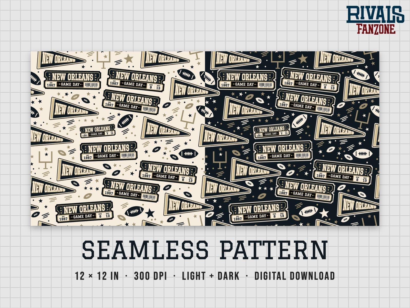 New Orleans Football Seamless Pattern – 12x12 Digital Paper, Light & Dark — preview 1