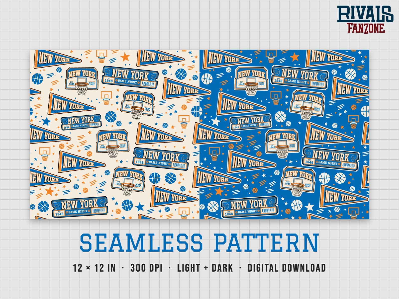 New York Basketball Seamless Pattern – 12x12 Digital Paper, Light & Dark — preview 1