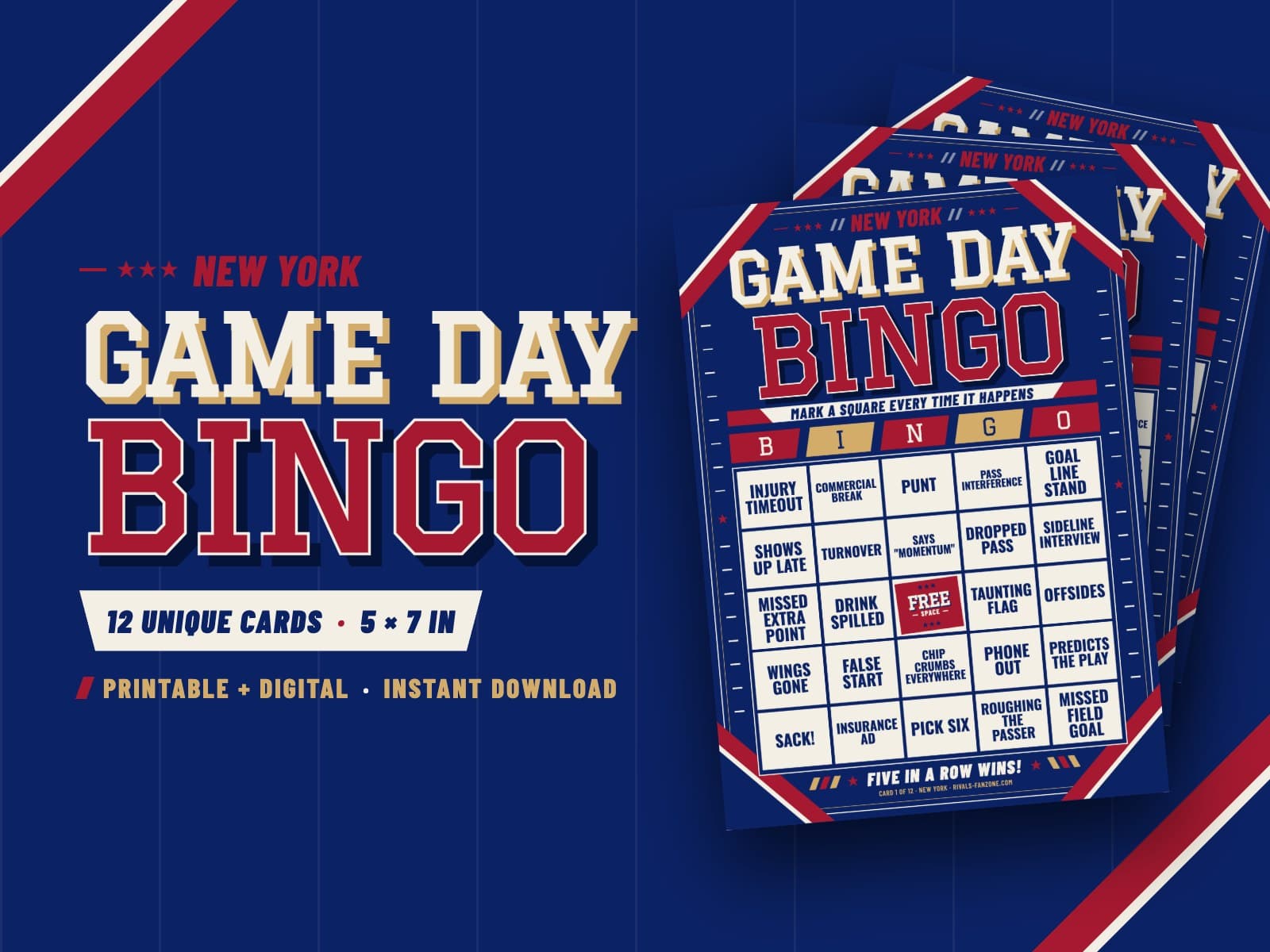 New York Football Bingo (Blue) – 12 Card Pack — preview 1