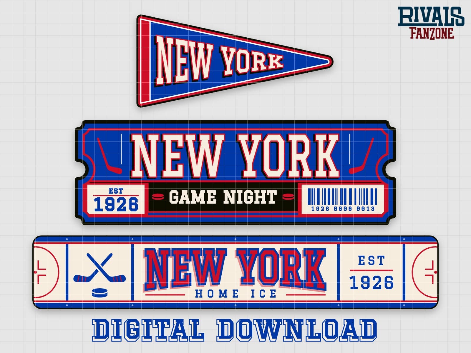 New York Hockey Pennant, Ticket & Rink Sign SVG (Blue & Red) – Cricut Cut Files — preview 1