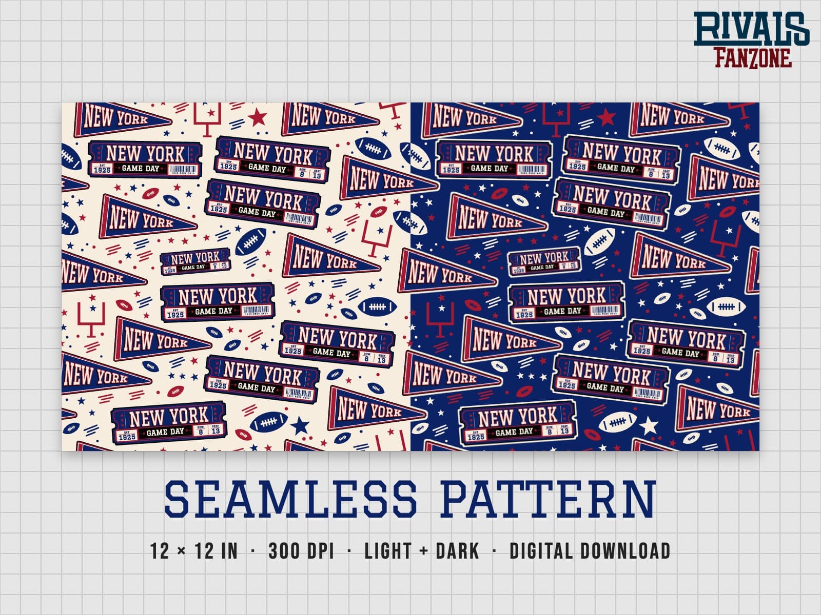 New York Football Seamless Pattern – 12x12 Digital Paper, Light & Dark — preview 1