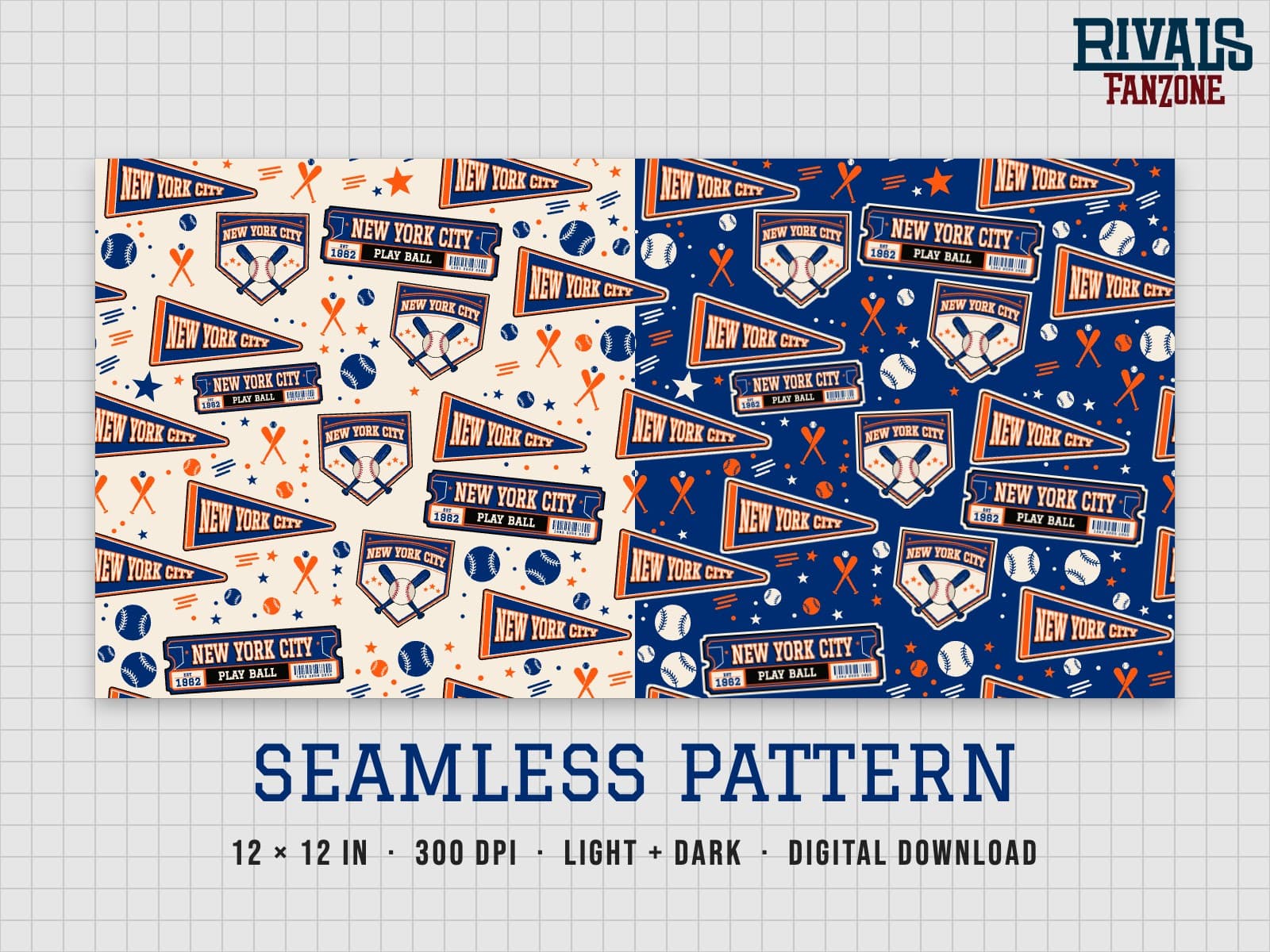 New York City Baseball Seamless Pattern – 12x12 Digital Paper, Light & Dark — preview 1