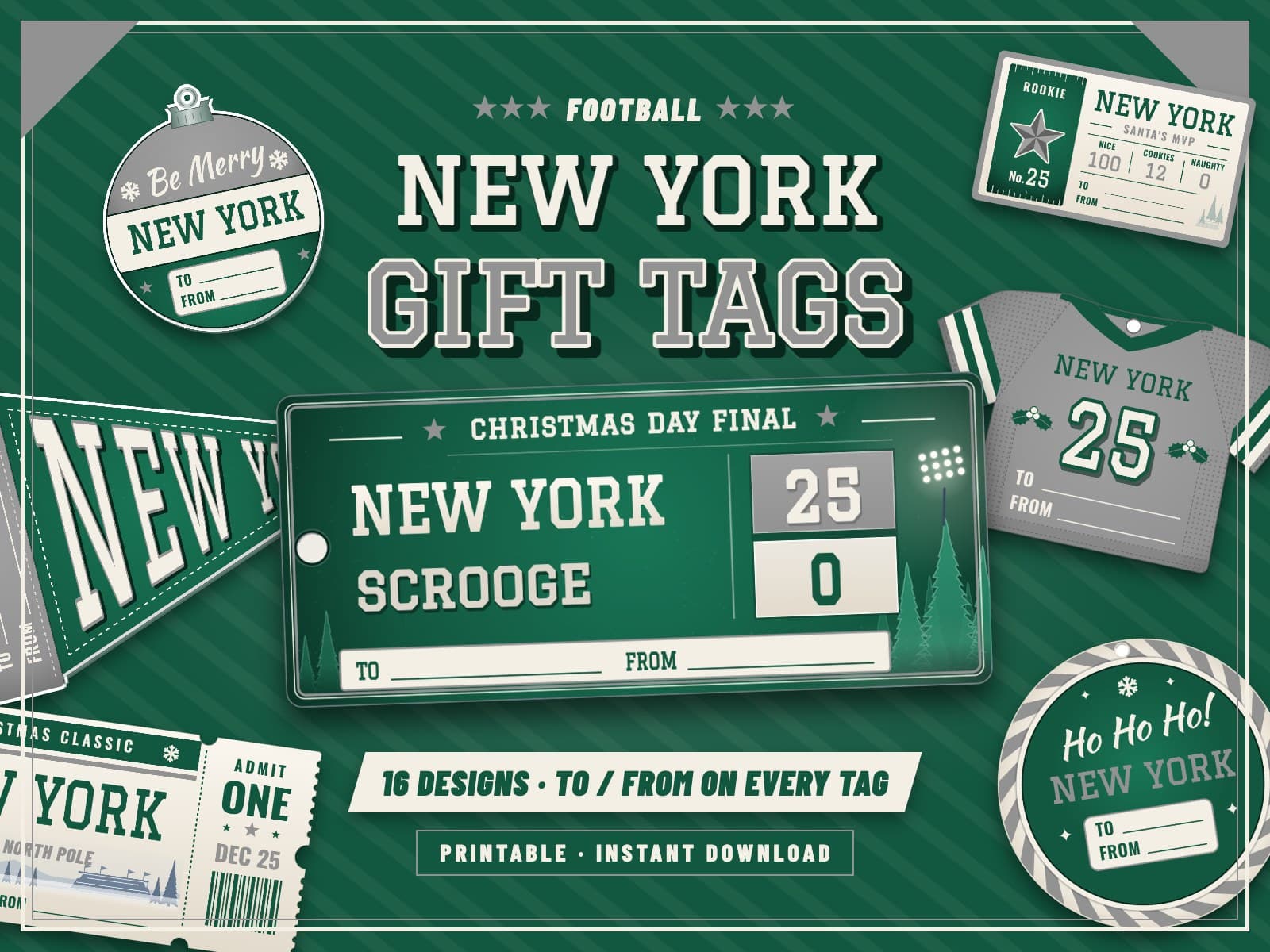 New York Game Day Gift Tags (Green) – 16 Printable Designs — preview 1
