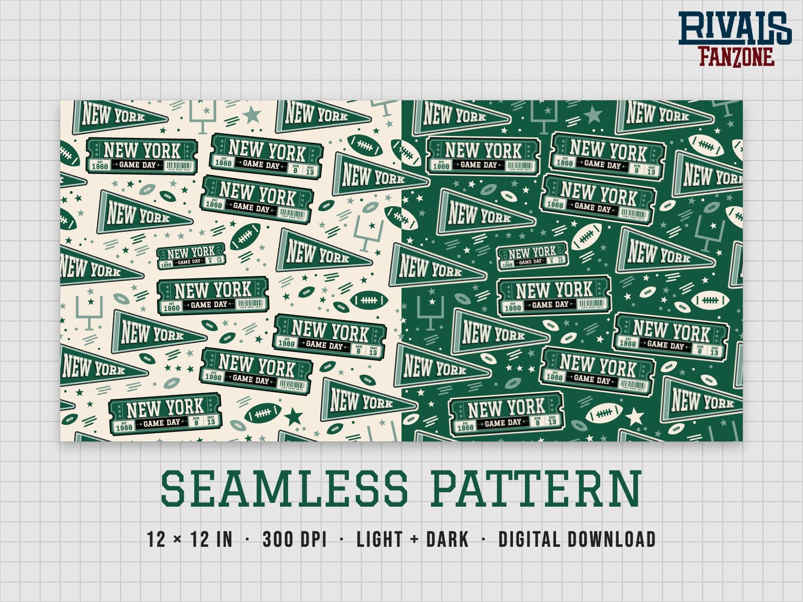 New York Football Seamless Pattern (Green) – 12x12 Digital Paper, Light & Dark — preview 1