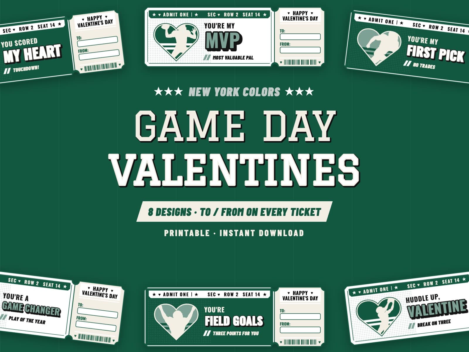 New York Game Day Valentines (Green) – 8 Ticket Designs — preview 1