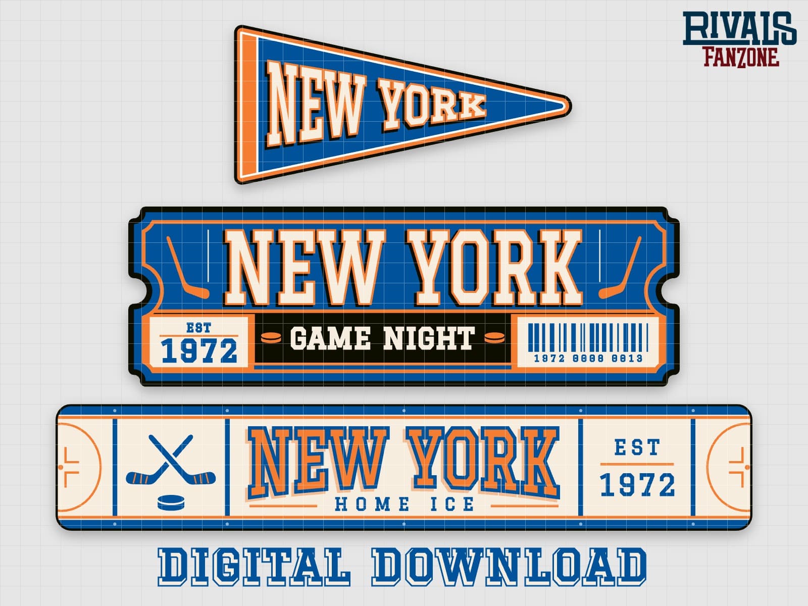 New York Hockey Pennant, Ticket & Rink Sign SVG (Royal & Orange) – Cricut Cut Files — preview 1